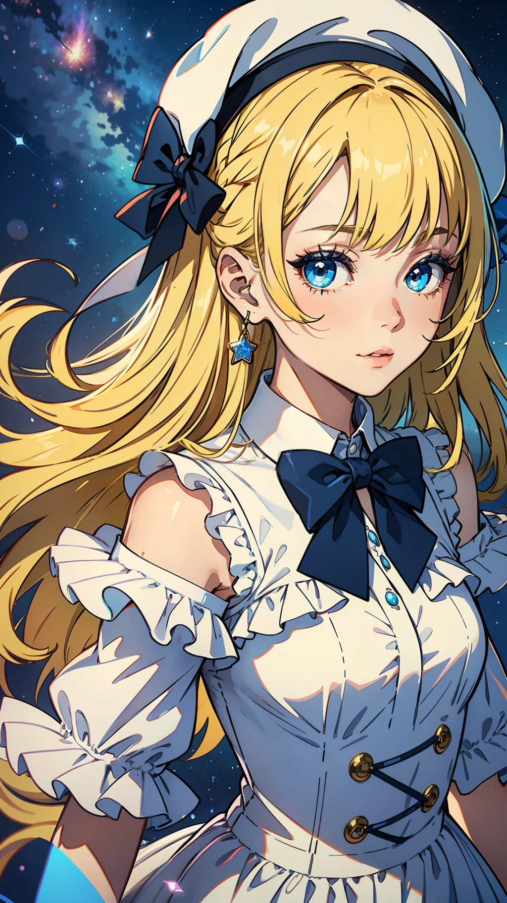 Yellow-haired,white dresses,eBlue eyes,star accessories,Blue bow tie,white beret(It has a blue bow on it),starryskybackground,meteors,4K