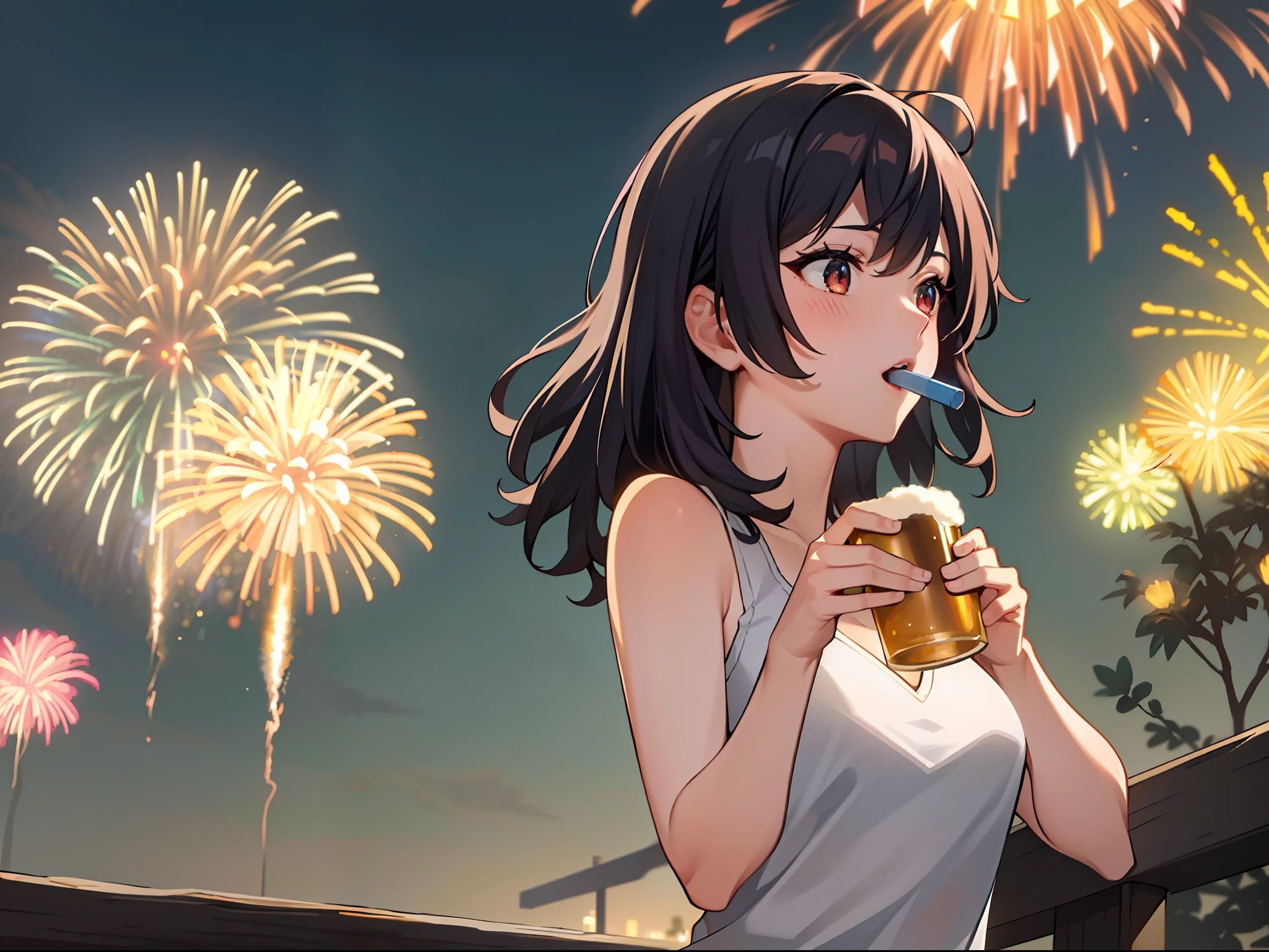 ultra high res, 16k, best aesthetic, Best Quality, masutepiece, Detailed face,1 girl, Solo, Ultra-detailed,two female, Marvel at the big fireworks.Drinking beer