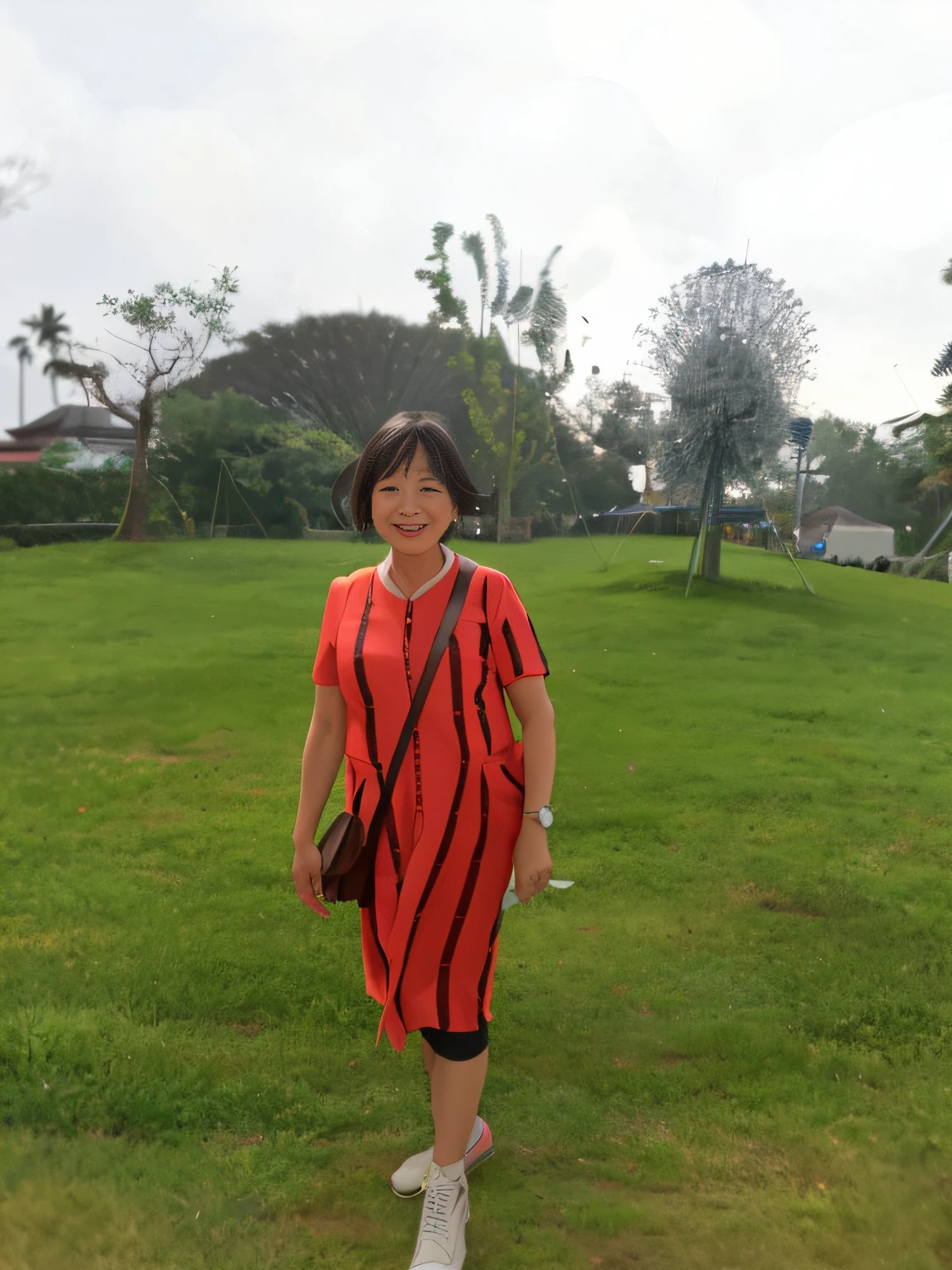There is a woman standing in a field with a kite, Face Ultra HD Face,Smile intellectually,she is about 6 0 years old, she is about 7 0 years old, she is about 50 years old, with a park in the background, photograph taken in 2 0 2 0, with a park in the back ground, Profile image, ao dai, Profile picture, inspired by Li Keran --auto