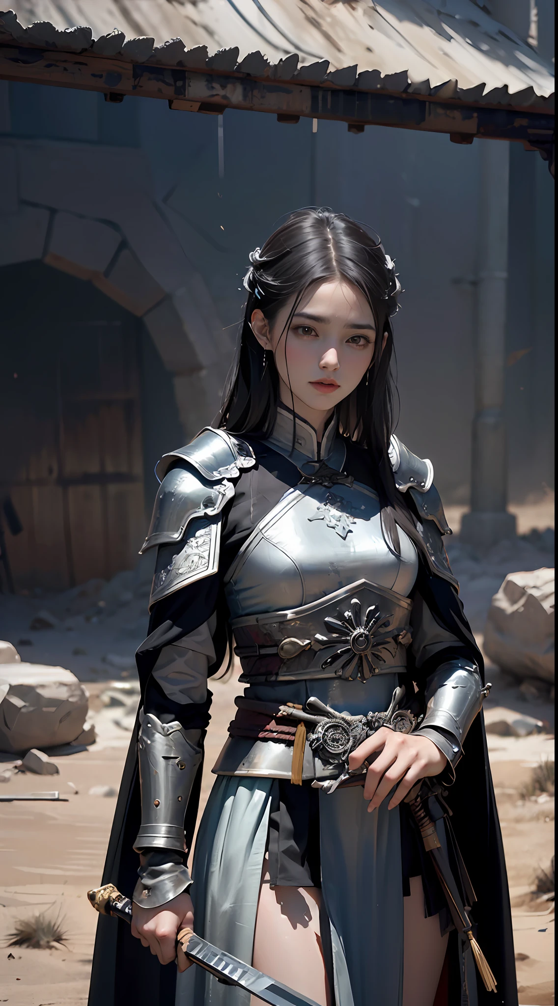 8k wallpaper,ultra - detailed,rich details,ultraclear,8K,,Best quality at best,best qualtiy,mistic,1girll,Black armor,Ancient Chinese general armor,Black cape,(((One-handed sword))),facing to audience,(((A withered battlefield,废墟,Shabby,Wasteland,barren,A desert))),Sadness outside,battlefiled,ancient battle field,((the night,Dimly lit,darkly)),Bust composition