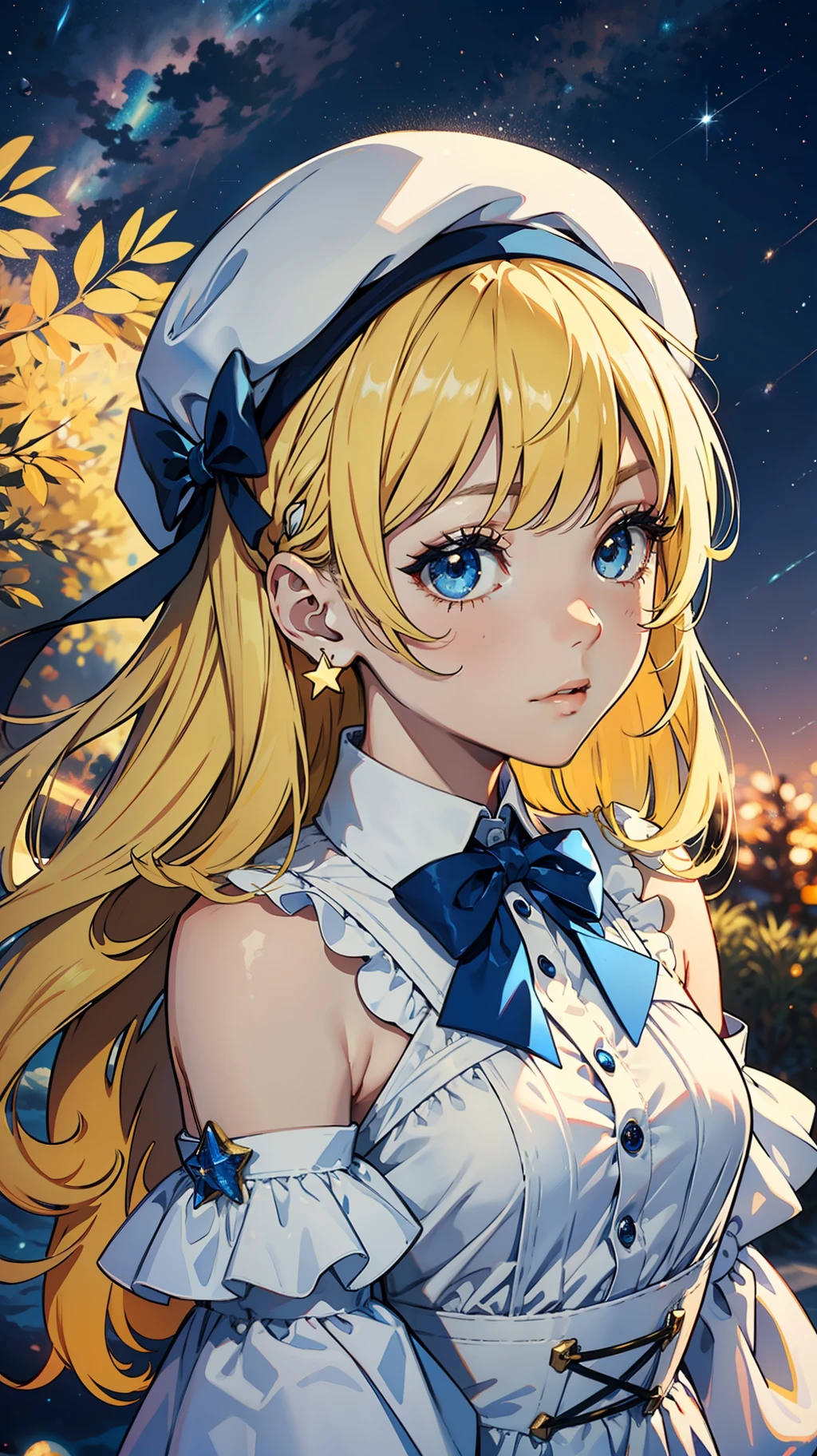 Yellow-haired,white dresses,eBlue eyes,star accessories,Blue bow tie,white beret(It has a blue bow on it),starryskybackground,meteors,4K