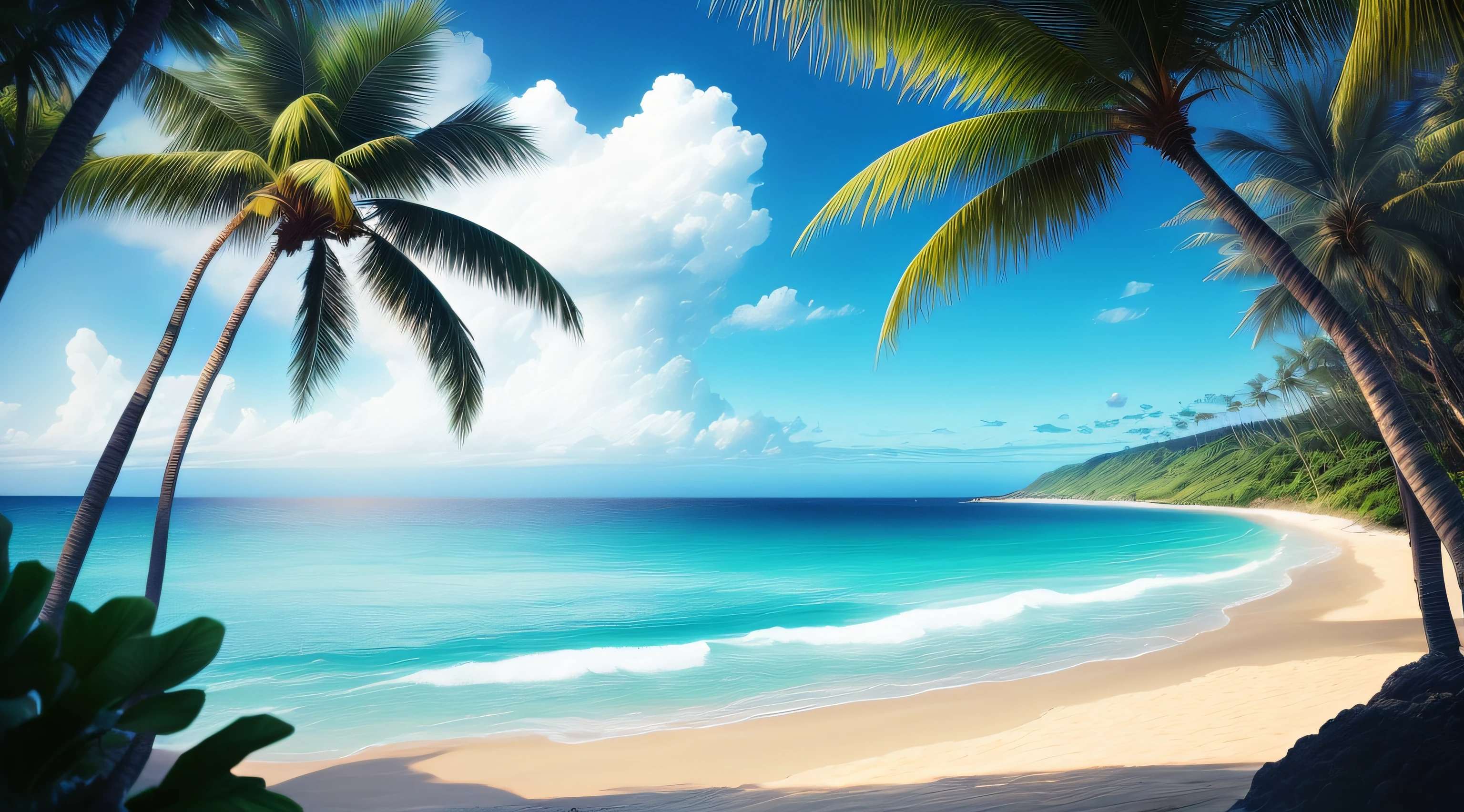 sea at nigh、View from the beach、hawaii、the beach、Beautiful sandy beach、Palm trees、Ocean Blue Sea、Detailed sea、beautiful ocean、Beautiful blue sky、sunny sky