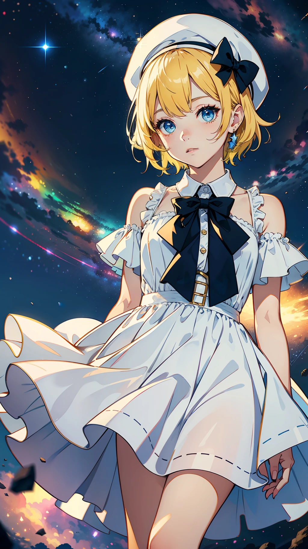 Yellow-haired，white dresses，eBlue eyes，star accessories，Blue bow tie，white beret（It has a blue bow on it），starryskybackground，meteors，4K