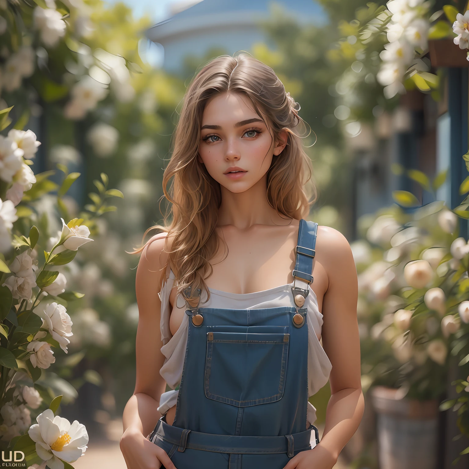 Gorgeous 19 year old girl ("Phoebe Ctaes"), perfect body, overalls without shirt, no shirt, looking at camera, (nearly without clothes:1.3), Hyperrealism, bloom, UHD, best quality, highres, high details, 8k