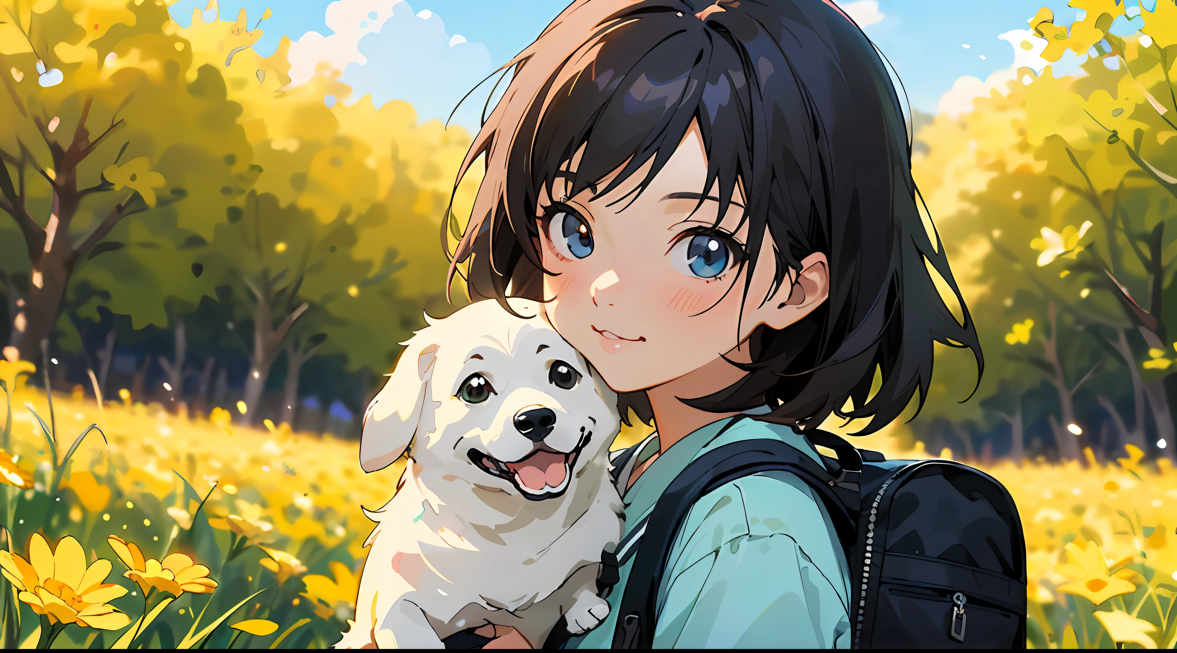 Anime girl with backpack and puppy in flower field, Makoto Shinkai and Artgerm, Kawaii realistic portrait, style of anime4 K, cute anime girl portraits, Digital anime illustration, Cute anime girl portrait, Cute anime, anime visual of a cute girl, Anime style portrait, Detailed digital anime art, Digital anime art, High Quality Anime Art Style