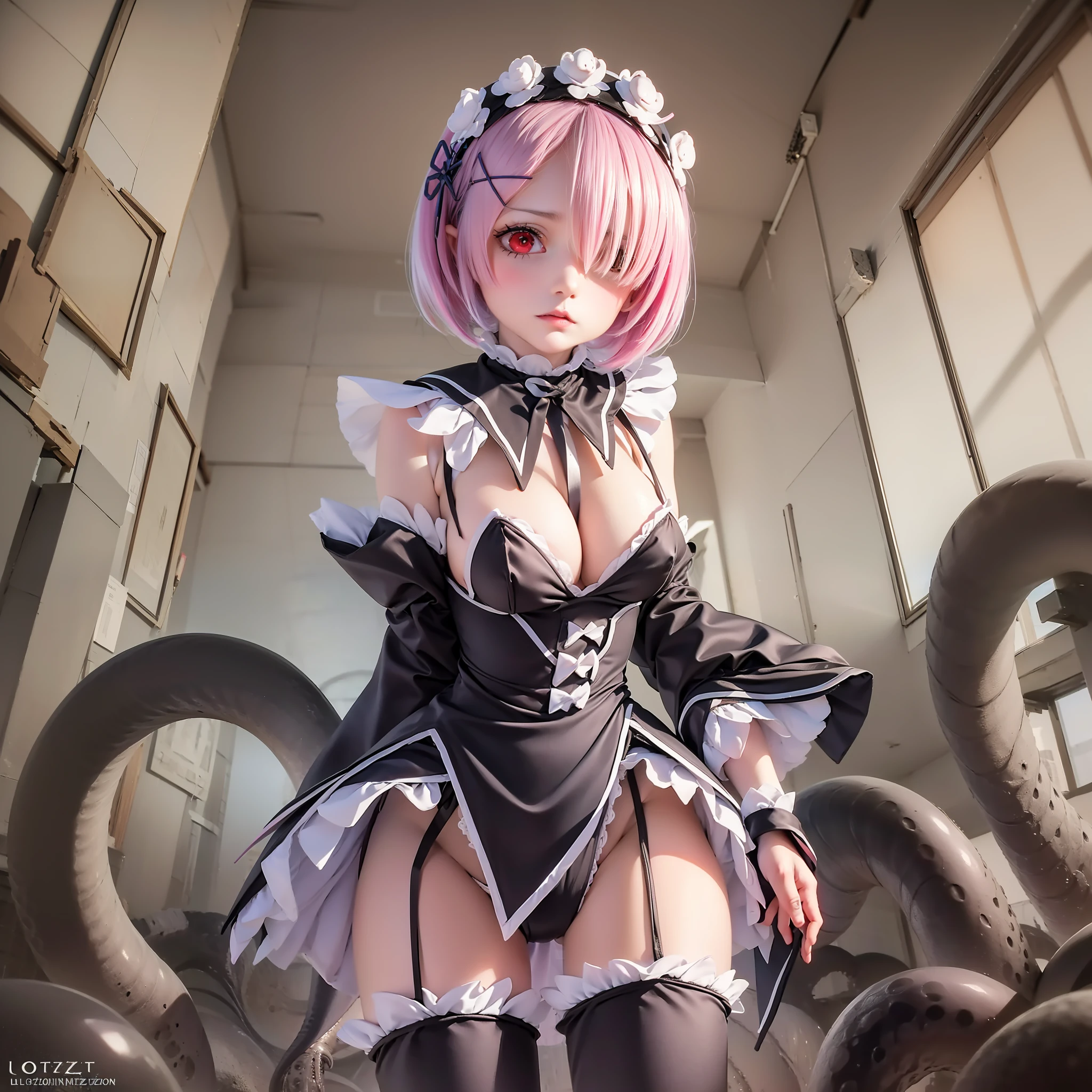 masterpiece, top-quality, Hi-Res, (((((Evil Fall))))),(((((((Creatureization))))))), (((((Parasitized))))),(((((tentacle clothes))))), (((Leotard))), (Hollow eyes), (((Colossal tits))), (((neck tie))), (((1girl in))), ((独奏)), (((Standing picture))),Ram(Re:Life in another world starting from scratch), A pink-haired, white thighhig, (((short-hair))), red eyes, Hair above one eye, ((frilld)), ((garter strap)),full-body view, Expressionless evil,Parasitic tentacles,Tentacle