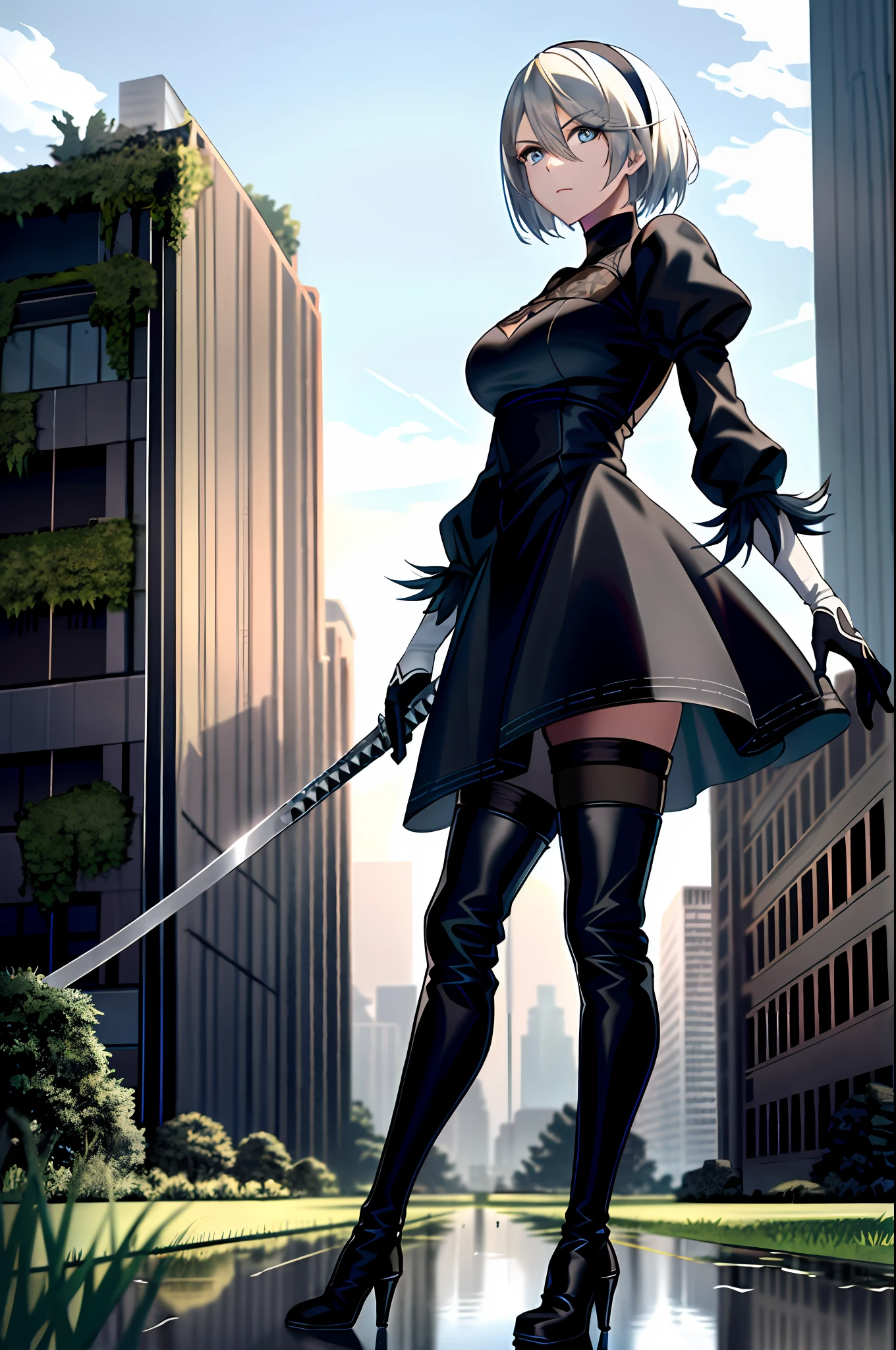 yorha no. 2 type b, 1girl, absurdres, blue eyes black dress, black hairband, beautiful eyes, eye highlights blue sky, boots, building, city, cloud, covered eyes, debris, dress, feather-trimmed sleeves, feather trim, from below, gloves, grass, hairband, high heel boots, high heels, highres, juliet sleeves, katana, leather, leather boots, long sleeves, nier \(series\), nier automata, outdoors, overgrown, pod \(nier automata\), post-apocalypse, puddle, puffy sleeves, rubble, ruins, scenery, sky, thigh boots, thighhighs, thighhighs under boots, water