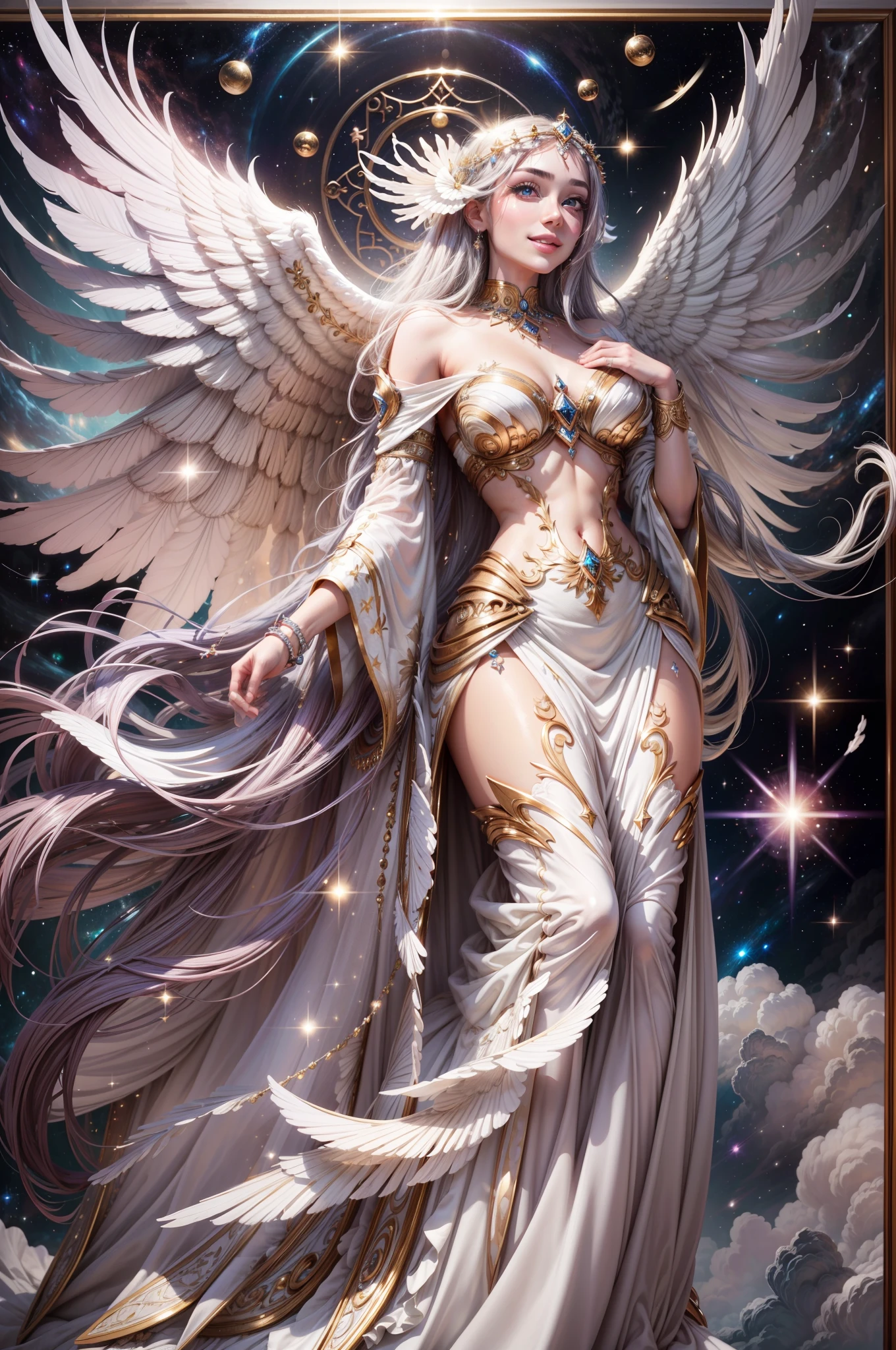 "Beautiful face, flawlessly detailed with a gentle smile and sparkling galaxy eyes. Best quality, a true masterpiece."