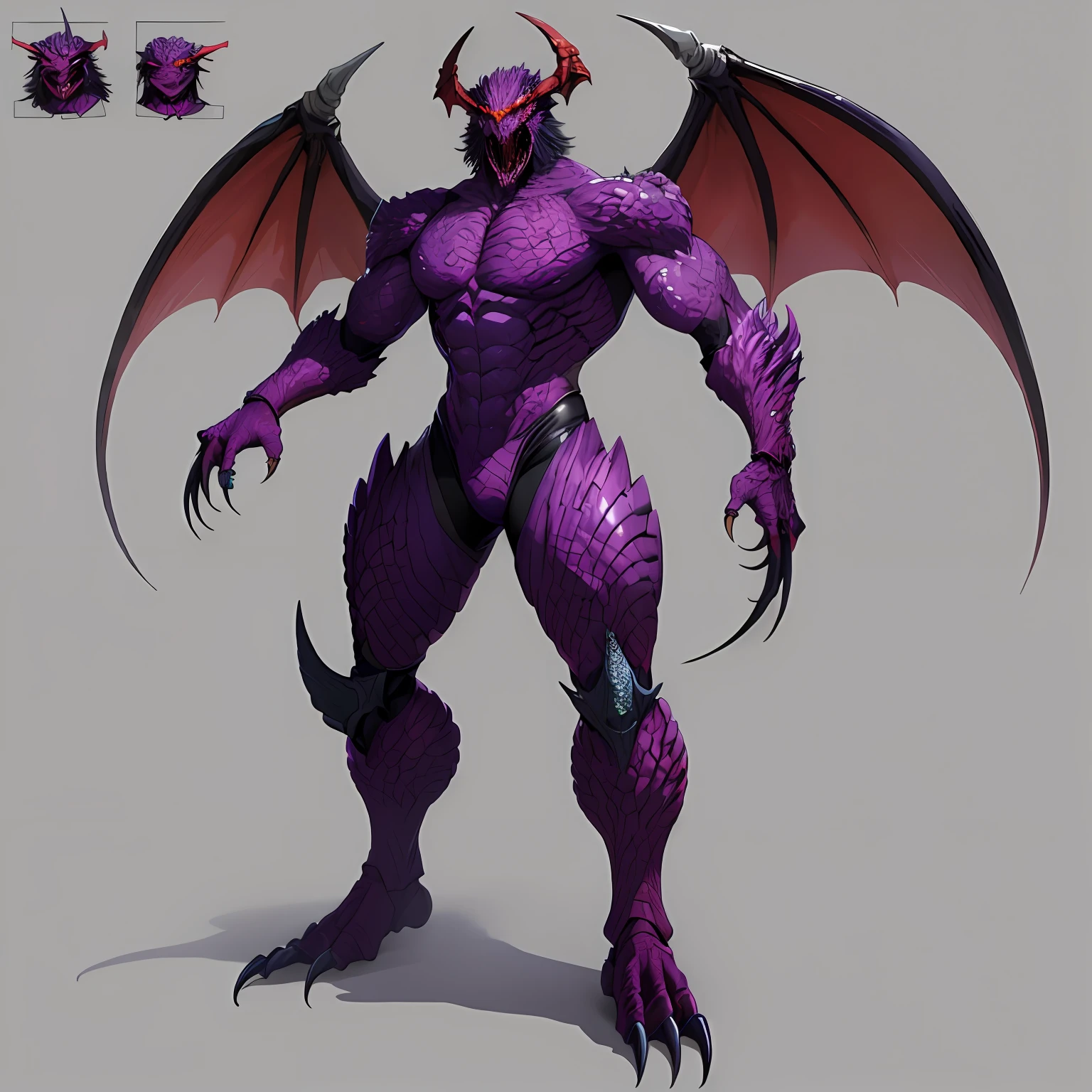 Non-human, Humanoids, Biochemical viral infection, monster concept art, humanoid demon, bloodborne monster, bodyhorror, parasite, Evil monsters, thick warframe legs, The limbs have sharp claws, Creepy muscular mutant creatures, black demon's wings, ((Dragon's head)), Look to the right side, Purple-red skin, standing, character design, reference sheet, ccurate, anatomically correct