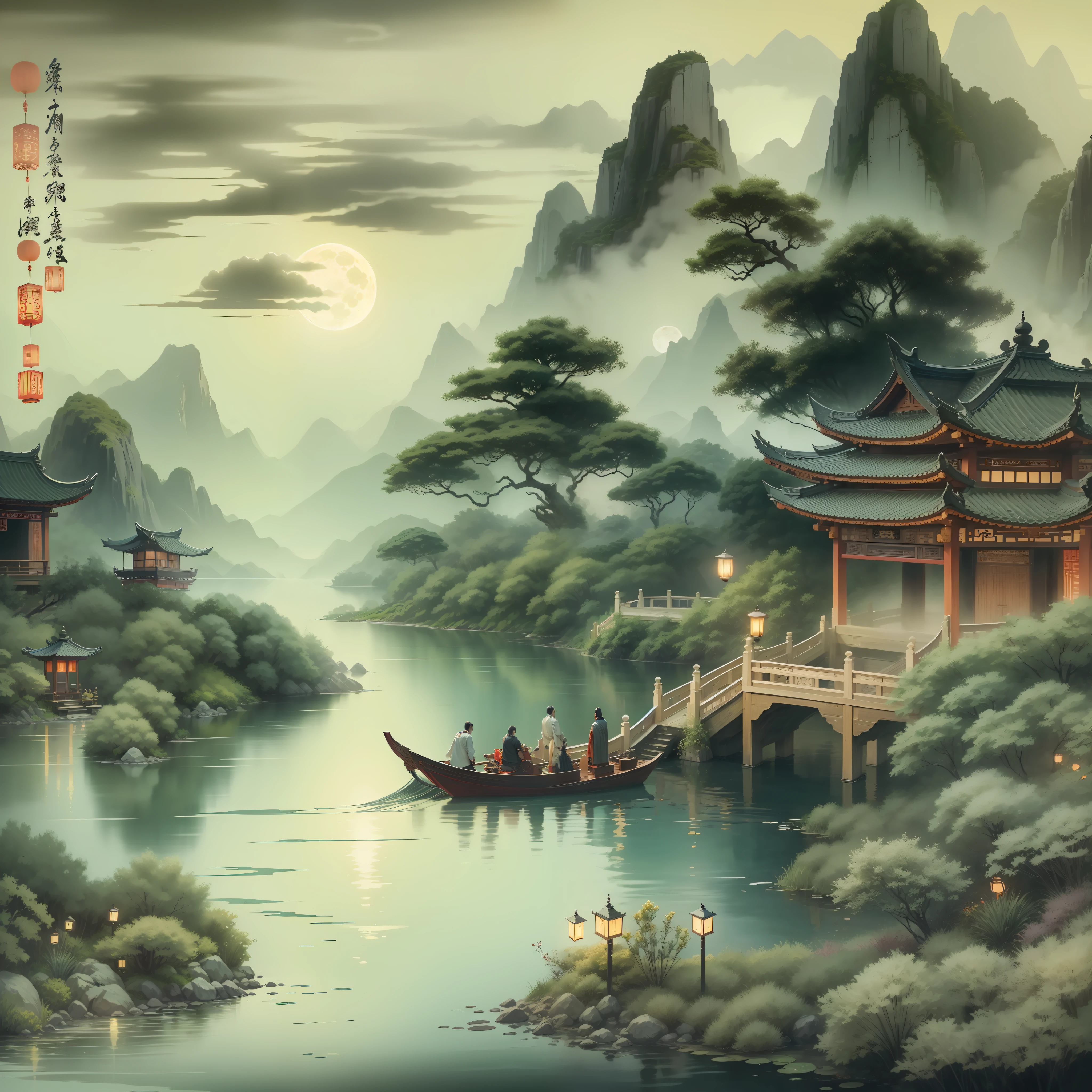 tmasterpiece,Best quality,Chinese martial arts style,Asian night view with lanterns and water lilies,Asian lagoon with lanterns and boats night view with many lights and boats on the water,Lake surface,lotus flower,beautiful night scene,((Chinese martial arts style))),Wide sky,Continuous mountains and steep cliffs,ink wash style,Contour light,Atmospheric atmosphere, depth of fields,Rising fog,bamboos,pines,octagonal stone pavilions,waterfall flowing water,large full moon --auto