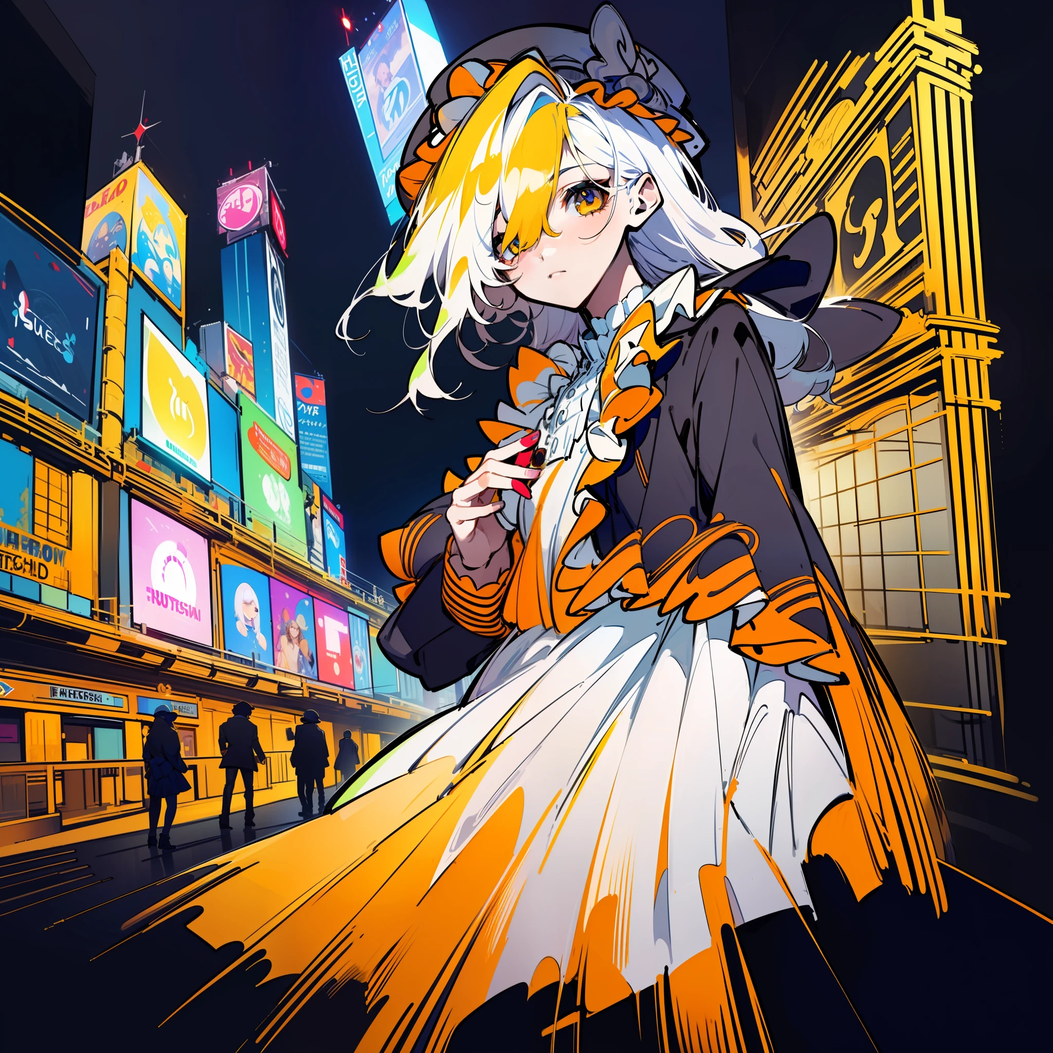 (Golden Ratio:1.2),[(black background:1.4)::10],(masterpiece), (best quality), (ultra detailed),(disheveled hair),(illustration),1 girl,solo,full body,cute lady,Off-white hair,Lunette de soleil,Amber eyes,Tiger Tooth,(Dress with stylish design:1.3)+(Lovely ruffles:1.3),Grab a cup of Starbucks coffee,(Ban checked newsboy hat:1.2),((Pull down the right side of your sunglasses with your fingers/(right eye watching the viewer:1.3)/)),By the window,(athletic body:1.2),(Stand on the red brick road:1.2)+(Times Square-like bustling architecture:1.3)+[(Inception:1.2)]