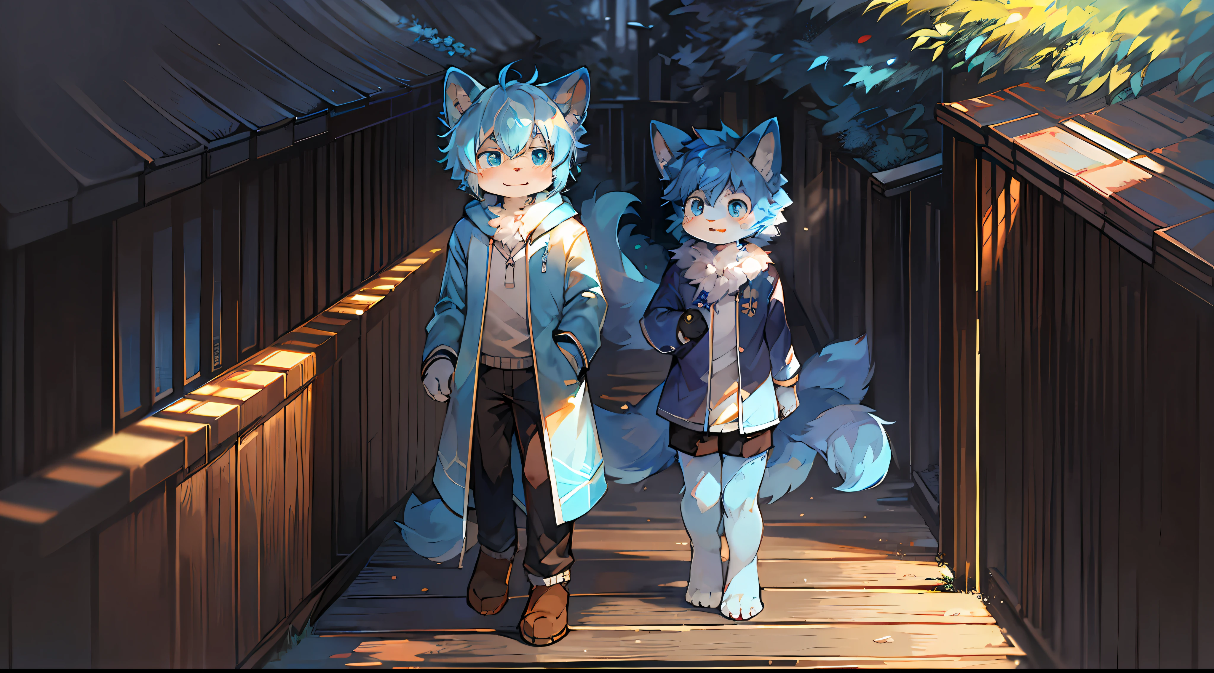 (ambiente dark:0.8),Masterpiece,High quality,abstract res,Digital painting\(artwork of a\), by Dagasi, Yupa,Kiyosan,(anthro,Fluffy fur,Character focus:1.1),anthro male cat,Short hair,Portrait , eyes with brightness,taking a walk,in a panoramic view, Character focus.(detailedbackground:0.7), 独奏, shaggy, shaggy male, malefocus, anthr,(Full Body Furry, Fluffy tail, light blue furs, Dark blue eyes, blue hairs:1.2), (long canines、Blue and white coat:1.2),(outside、Morning、parks:1.1)