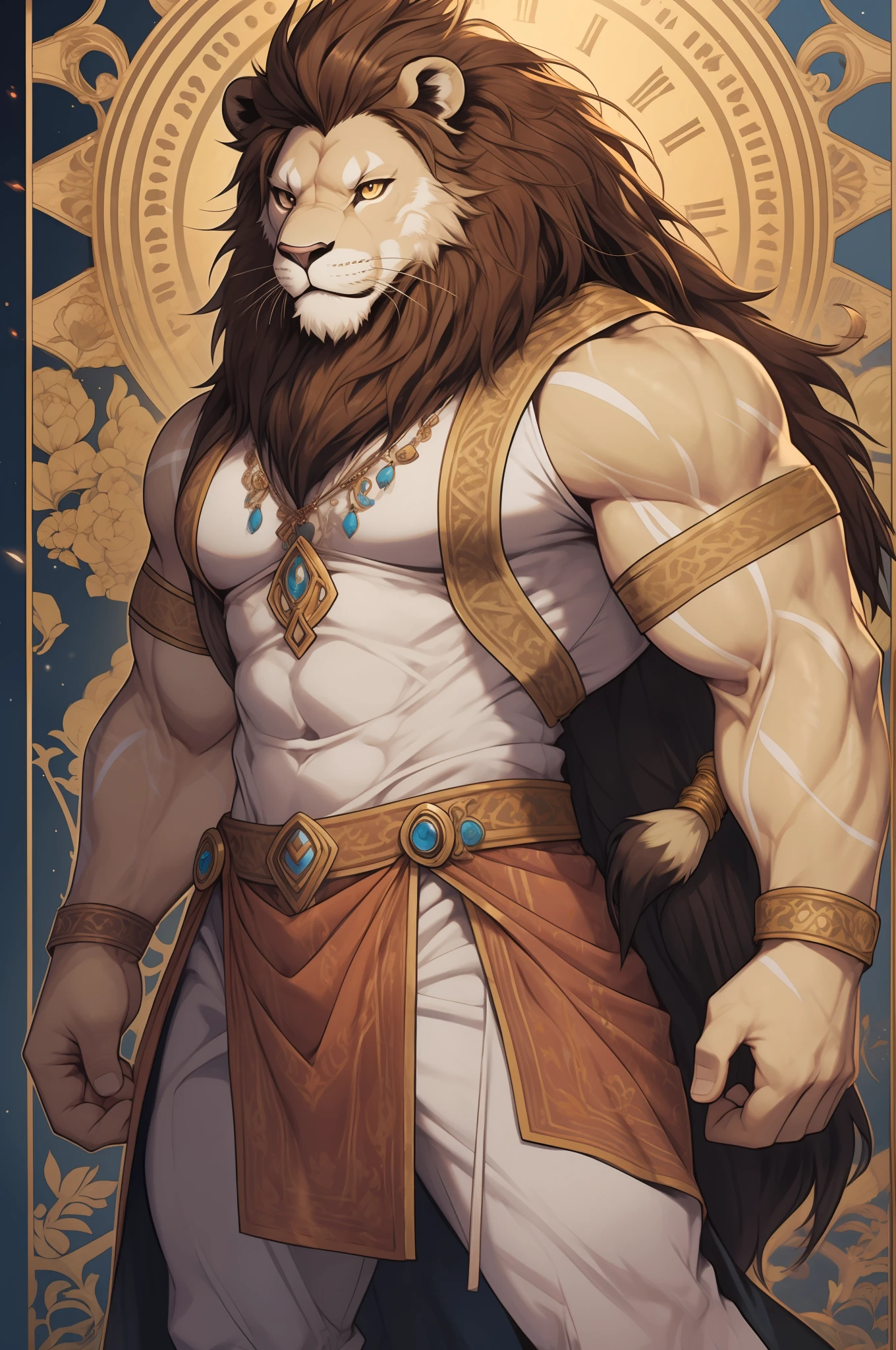 (muscular furry lion) standing with actrological sign, an anthro, anthromorbic, zodiac, leo zodiac background, mistic