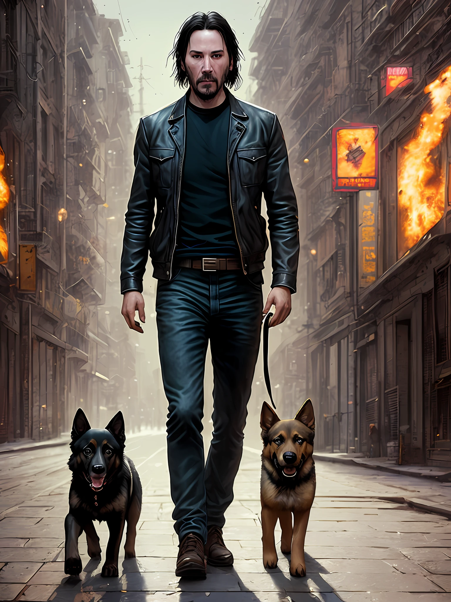 Keanu Reeves as Jonh wick walking whit puppy  German Shepherd, vhs effect, (poster:1.6), poster on wall, nostalgia, movie poster, portrait
(skin texture), intricately detailed, fine details, hyperdetailed, raytracing, subsurface scattering, diffused soft lighting, shallow depth of field, by Oliver Wetter,
Intricate, High Detail, Sharp focus, dramatic, photorealistic painting art by (greg rutkowski:1.4), bokeh