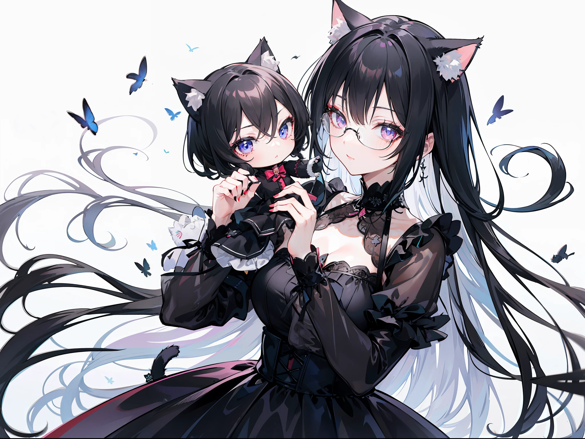 "A trendy woman with long tied elegantly black hair and a fashionable glassess, wearing black gothic dress inspired by a doll maker. She has eyes cat and cosplaying as a cat with cat ears"