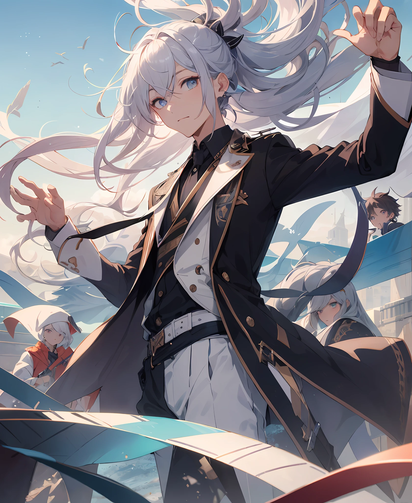 (tmasterpiece,Best quality at best,high high quality),1boys,((unfazed by)),sitted,looking at viewert,Silvery hair,(long whitr hair,messy hair),Iridescent eyes,:(,floated hair