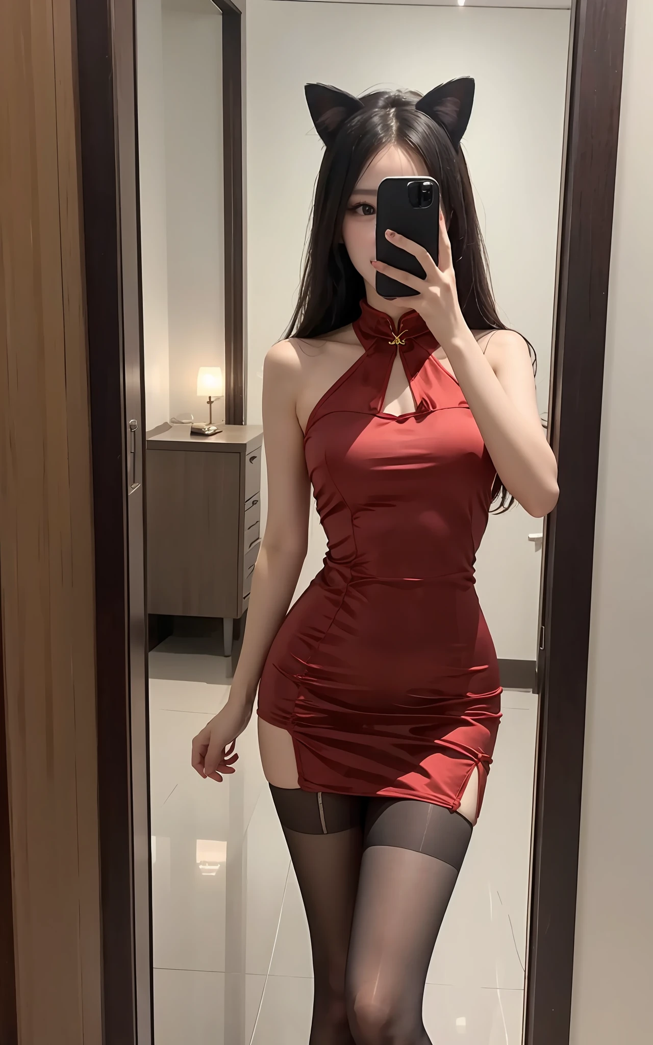 There was a woman standing to take a picture of herself, Realiy，Real images，Ultra-high pixel，8K分辨率，Hairstyle short，Wear cute costumes, Sexy look, Sexy cat ears on the head，He also wears a collar around his neck，Wearing JK clothing，With a collar around the neck，Girl pose, sexy look at the camera, Cute girl, Cute JK costumes, gorgeous chinese models, Very nice cute jk costume,Chestless。without showing face，Cute outfit。, Wear pantyhose，wearing silk stockings。Elegantly taking a selfie with an Apple phone in front of the mirror, Attractive pose, Very elegant posture, Various elegant poses, Very good body, Realistic cheongsam costume