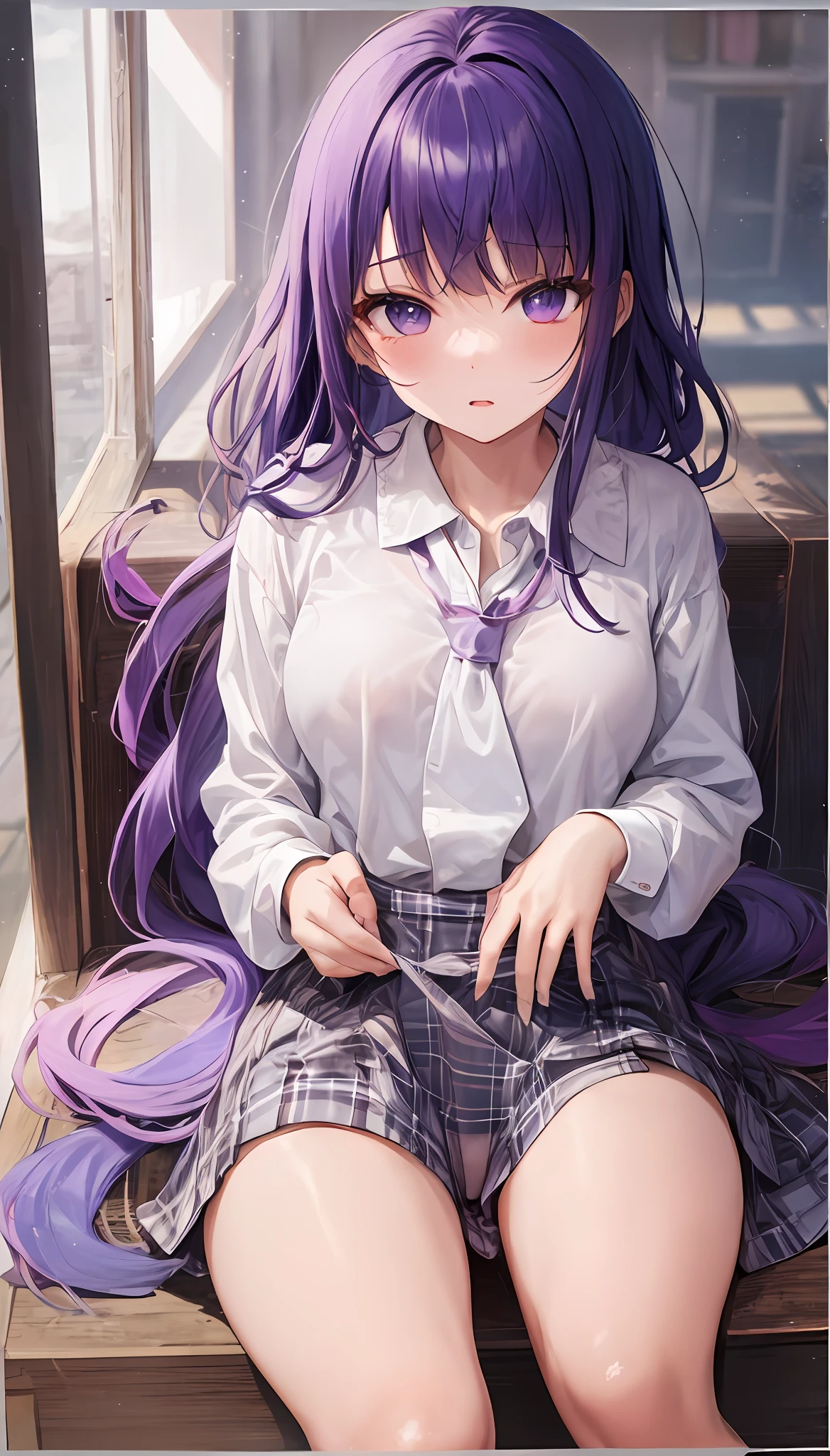 (nsfw:1.3) , anime girl with purple hair and white shirt and tie, cute girl anime visual, portrait anime girl, cute anime girl portrait, beautiful anime girl, beautiful anime portrait, anime style 4k, 4k anime wallpaper, (anime girl), anime wallpaper 4k, anime girl with long hair, anime wallpaper 4k, anime art wallpaper 4k,Daily life, sitting in the seat across from you, sitting shallowly, sleeping habits, spreading your legs a little, skirt lift by myself, cute panties,