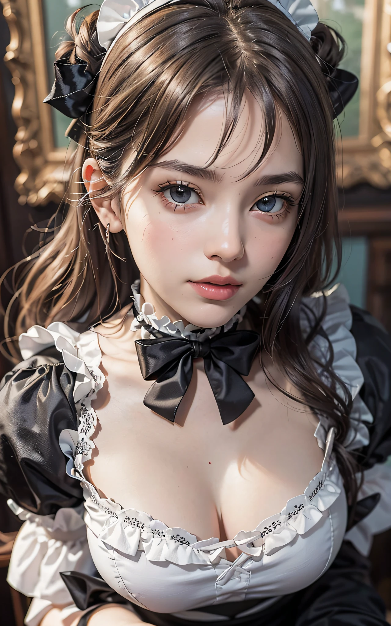 (Raw foto:1.2), masterpiece, in 8K, hight resolution, (Photorealsitic:1.4), hyperrealistic girl, extremely detailed eye and face, beatiful detailed eyes, Realistic face, hight resolution, ighly detailed, top-quality, masterpiece, ighly detailed,, magnifica, mansion, top-quality, Light on the Face, 电影灯光, silber hair, a 20 yo woman, (Smile:0.5), thighs thighs thighs thighs, Head dress, (maid clothes), a black ribbon, White Apron, puff sleeves, collars, a choker, Apron with detailed ruffles, Black Maid Costume, side-tie panty,