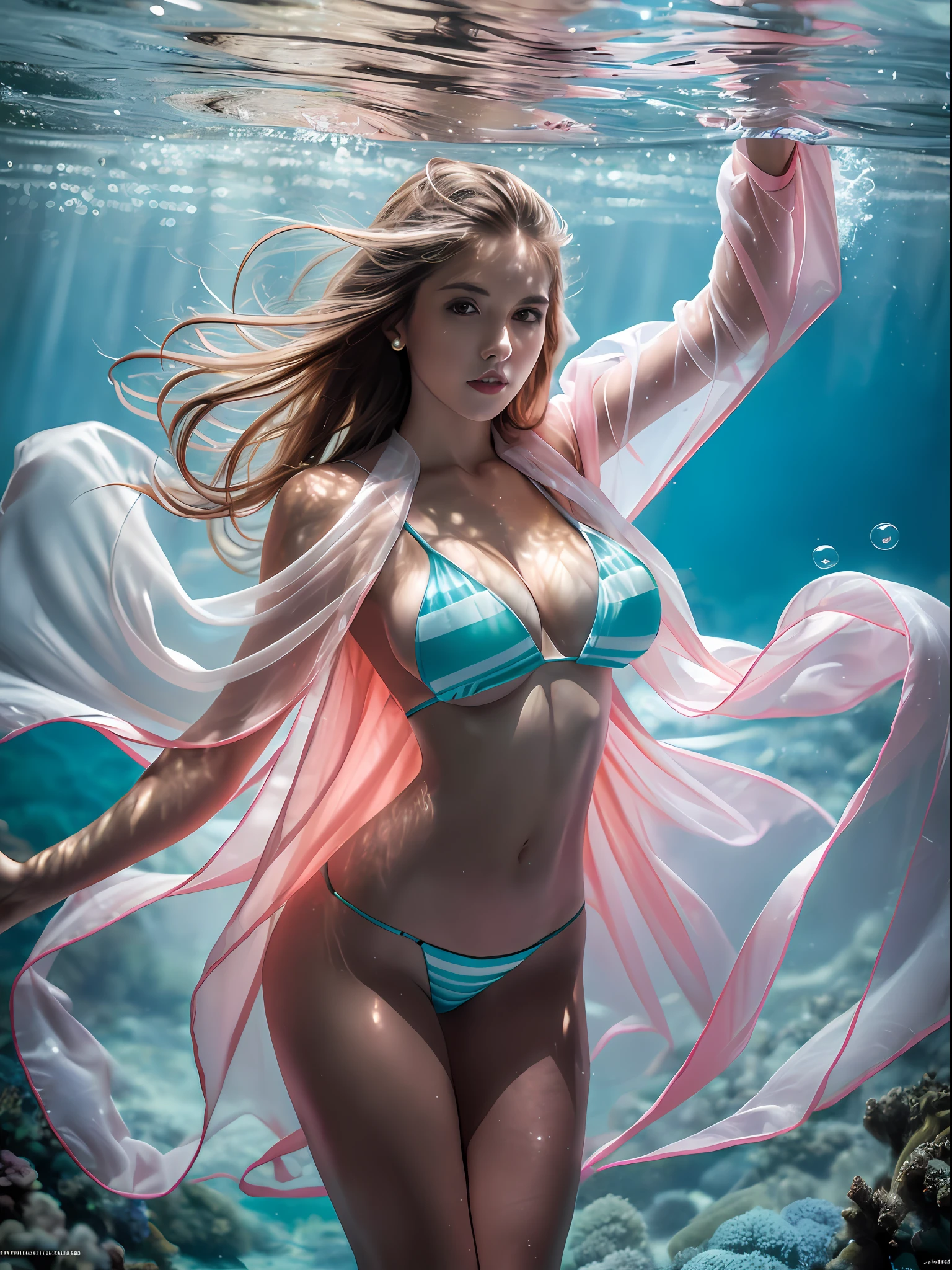 25-year-old woman, (underwater), (rising bubbles), RAW photo, (Realistic: 1.37, realistic), Highly detailed CG unified 8K wallpaper, 1 girl, ((Perfect body: 1.1)), Perspective, mature woman, smile, red lips, translucent swimsuit, transparent raincoat, (medium breasts: 1.2), Looking at the viewer, (((directly from the front))), (HQ skin: 1.2, shiny skin), 8k Ultra HD, DSLR camera, Tyndall effect, realistic physical rendering, soft lighting, high quality, film grain, Fujifilm XT3, (Full body: 1.0)), (Professional lighting: 1.4)  , long legs,