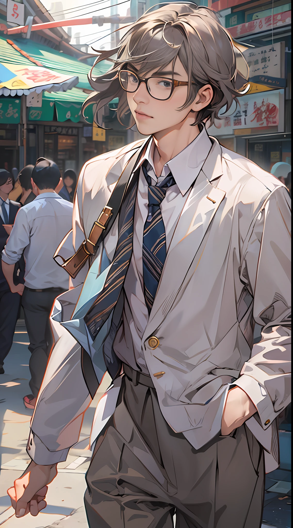 a character wearing glasses and tie walking down the street, in the style of , xiaofei yue, kawacy, solarizing master, decisive moment, rinpa school, meticulous technique , 32k, best quality, masterpiece, super detail, high details