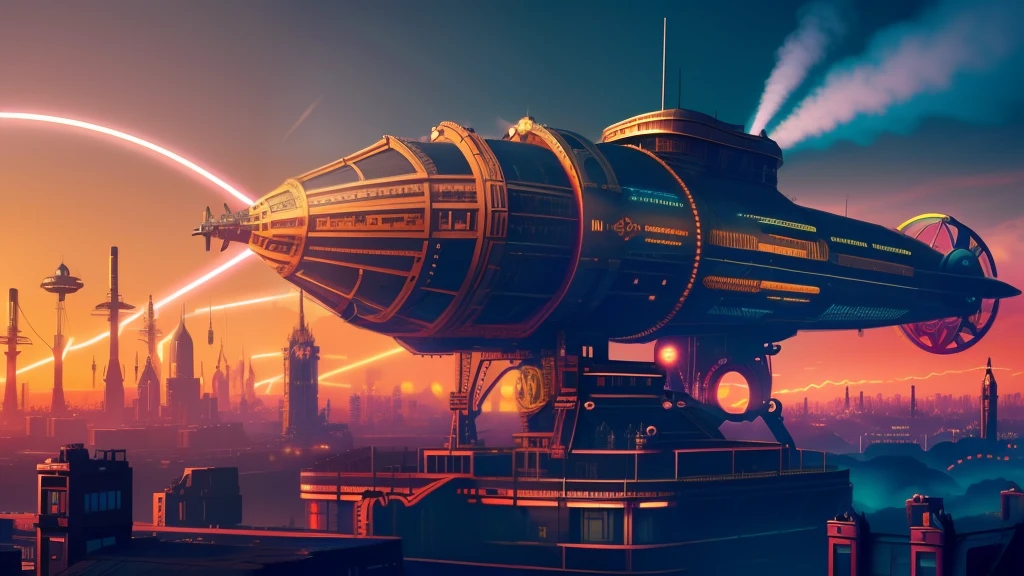 Synthwave 'snthwve style'"An intricately detailed steampunk surrealist scene with a giant brass robot emerging from an old Victorian building, surrounded by flying airships emitting colorful smoke and gears turning. The image has a grungy, dark palette with pops of vivid color throughout. Extremely imaginative and vivid in 4K quality."