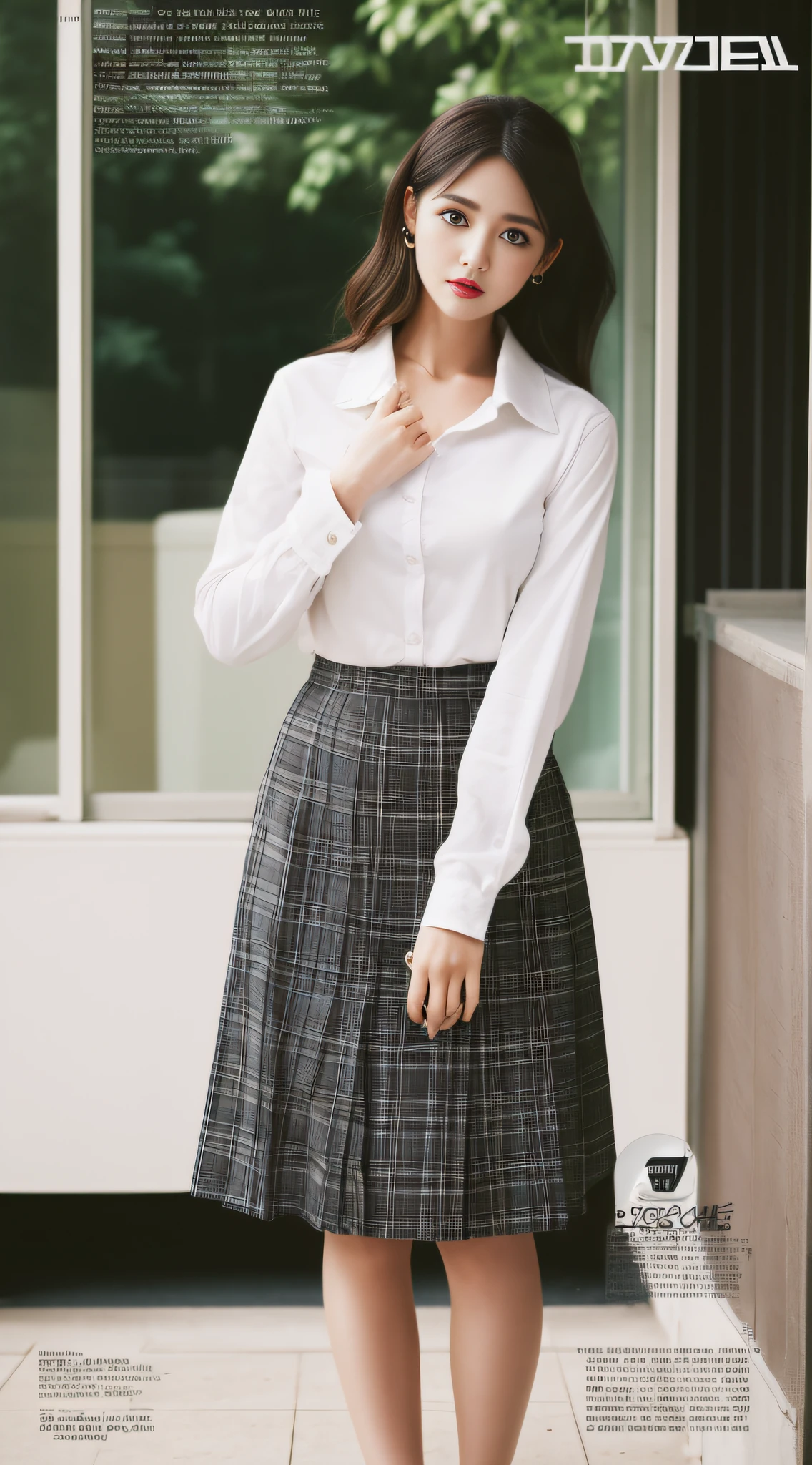 A super beautiful girl，Big bright eyes，Cool feeling，(fashion magazine coer:1.3),（pencil skirt, button-up shirt, classic pumps）