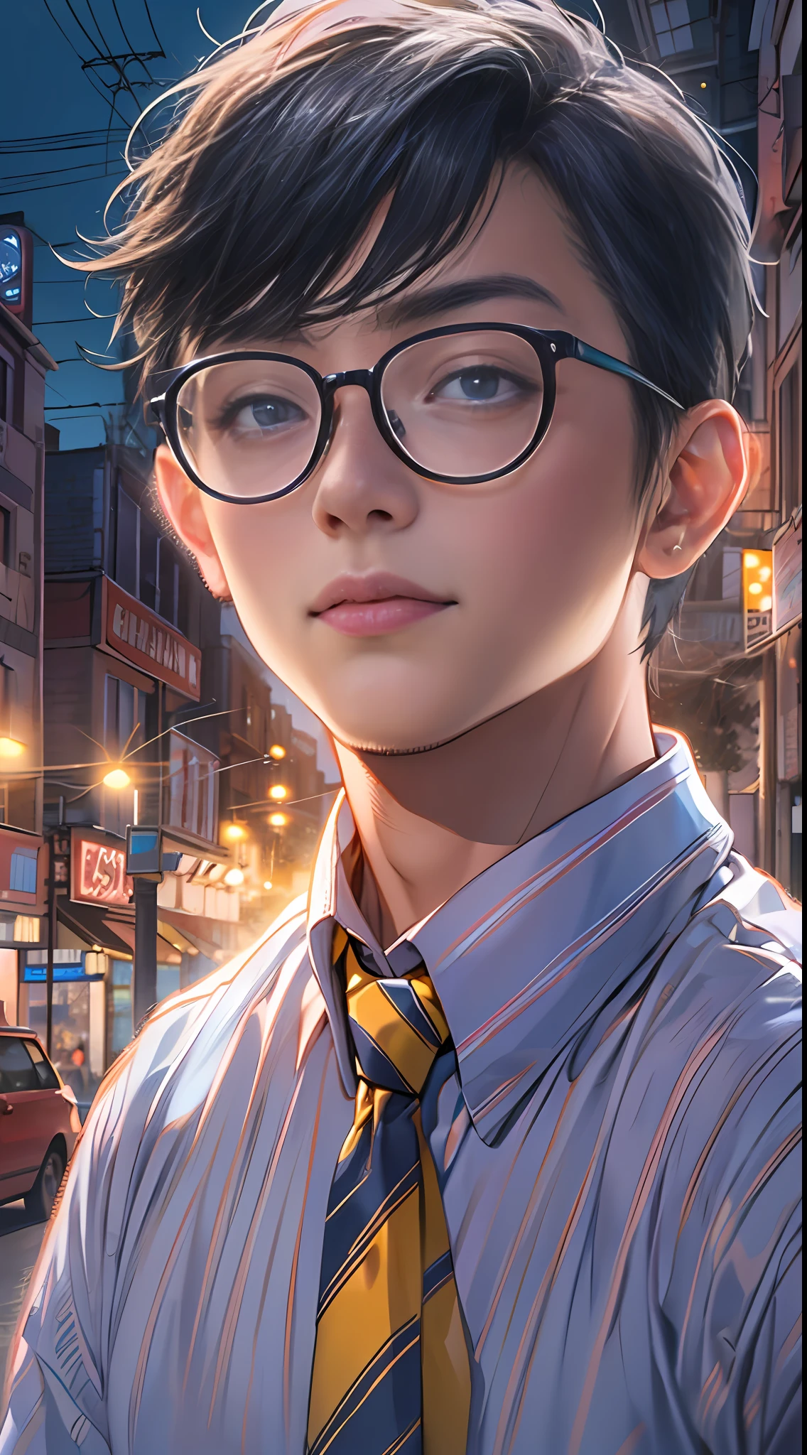 the main man character is wearing glasses, tie and a tie, in the style of dreamy, romanticized cityscapes, gongbi, youthful protagonists, official art, strong facial expression, photorealist, light indigo and yellow, 32k, best quality, masterpiece, super detail, high details