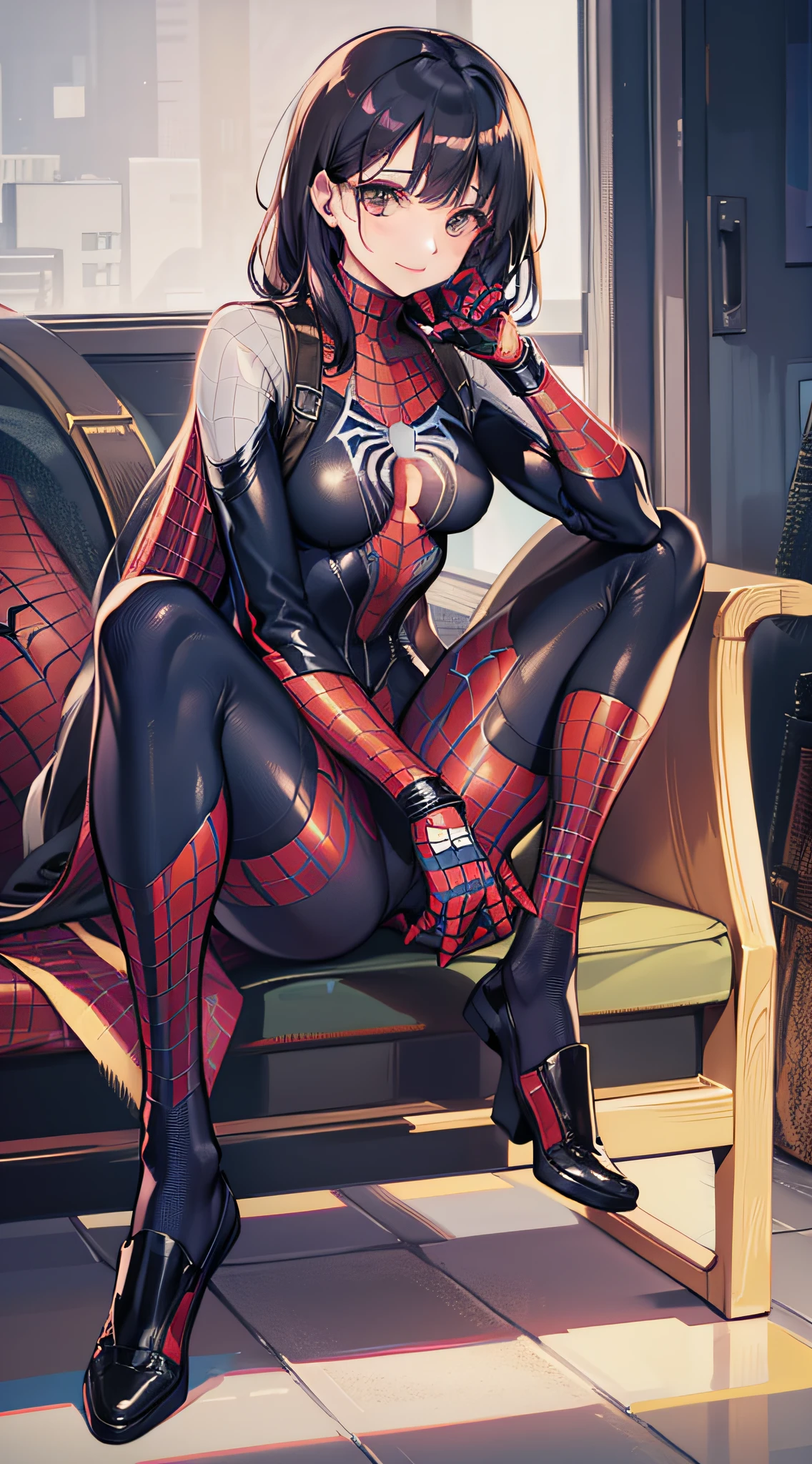Female Spider-Man,Sexy tights,All-inclusive Spider-Man black suit,Sexy sitting position,looking at viewert,The details were perfect