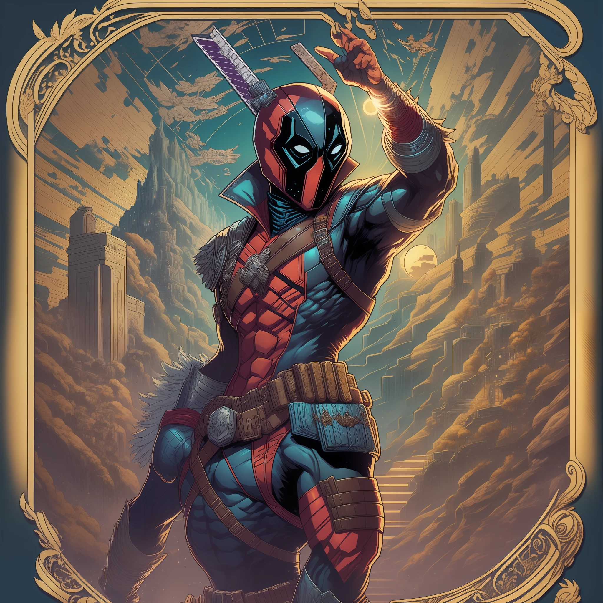 A game card and border design of [Deadpool] with decorated borders and icons, in the style of capcom, vibrant colors, fantasy magic, detailed, intricate, 8k, octane render