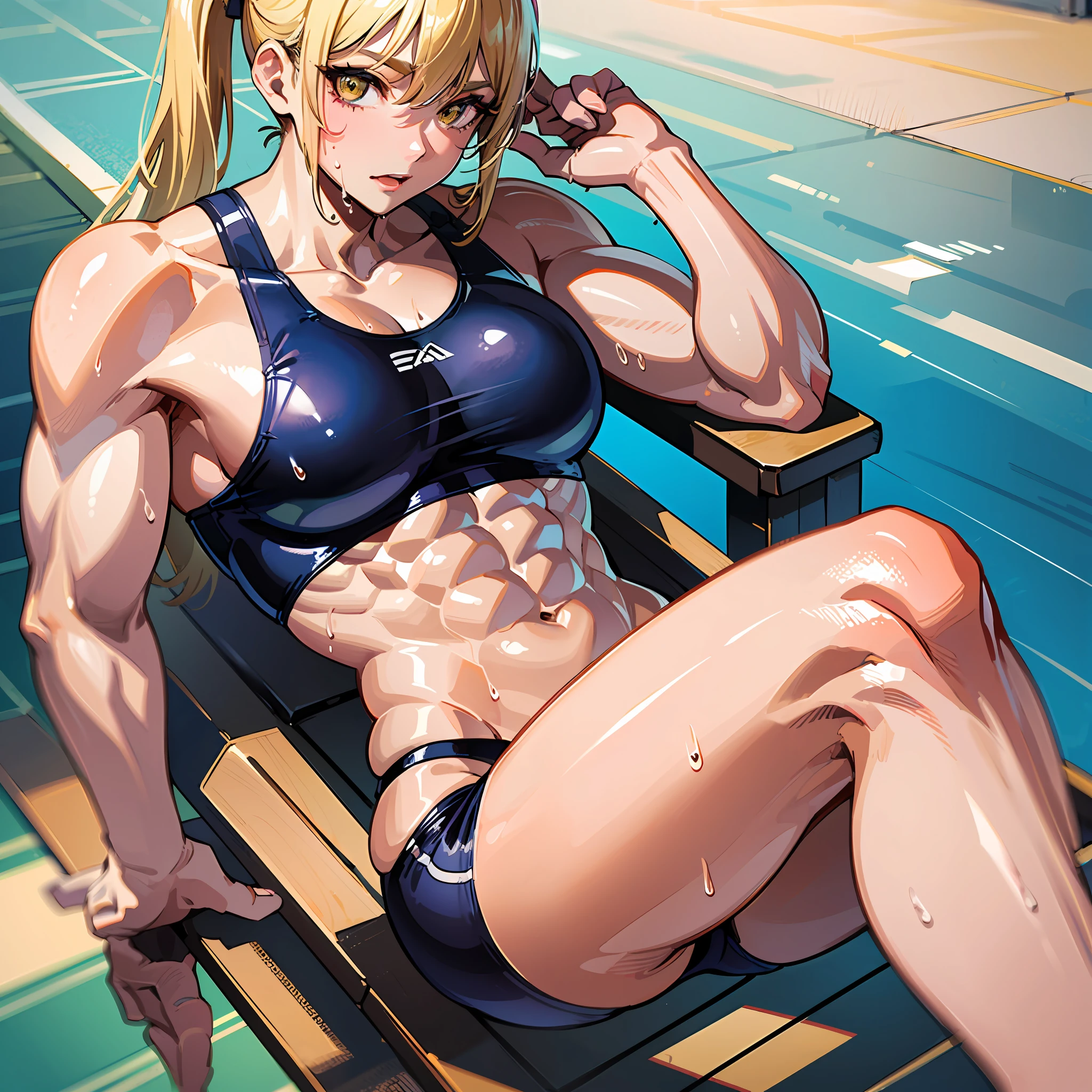 ((masterpiece))、((Top image quality))、((top-quality))、(((Illustration of one woman)))、(((Muscle Girl)))、full body Esbian、((30-years old))、((neuter))、((Blonde twintails))、Light golden eyes、((Long body))、((Body wet with sweat))、(((Muscular and strong body)))、((Split abs))、(((muscular and thick arms)))、(((muscular and thick legs)))、((manspreading))、((Sports Swimwear))、Sitting on a deck chair、in poolside
