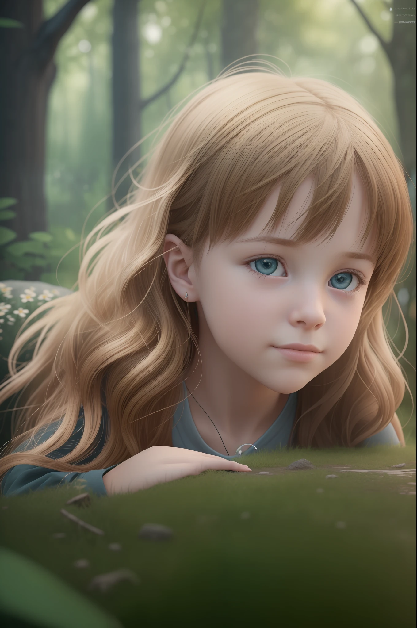 a photorealistic, 8k, HD cinematography in Unreal Engine. The scene features a cheerful and realistic six-year-old child. The child is chubby, with fair skin and long, straight blonde hair that has curls at the ends. They are seated in a wooded forest filled with flowers, facing away from the camera and looking up at the sky, engaged in a conversation with God. The composition is epic, utilizing ultra-wide-angle shots and depth of field effects to highlight the hyper-detailed and intricate details of the surroundings. The lighting setup includes a mix of natural lighting and moody lighting, creating beautifully color-coded visuals that accentuate the ambiance of the environment. The use of global illumination, ray tracing global illumination, and screen space reflections adds a touch of realism and depth to the scene. Optical fiber and scattering effects enhance the glowing and shimmering elements in the forest. Additional visual enhancements such as chromatic aberration, ray tracing reflections, and cinematic lighting techniques bring an elegant and hyper-realistic touch to the photograph. The child's dynamic pose and contemplative expression are captured with precision, showcasing the child's connection with the divine. The final result is a beautifully color-graded image, presented in 8k resolution with a 16:9 aspect ratio./ --auto --s2