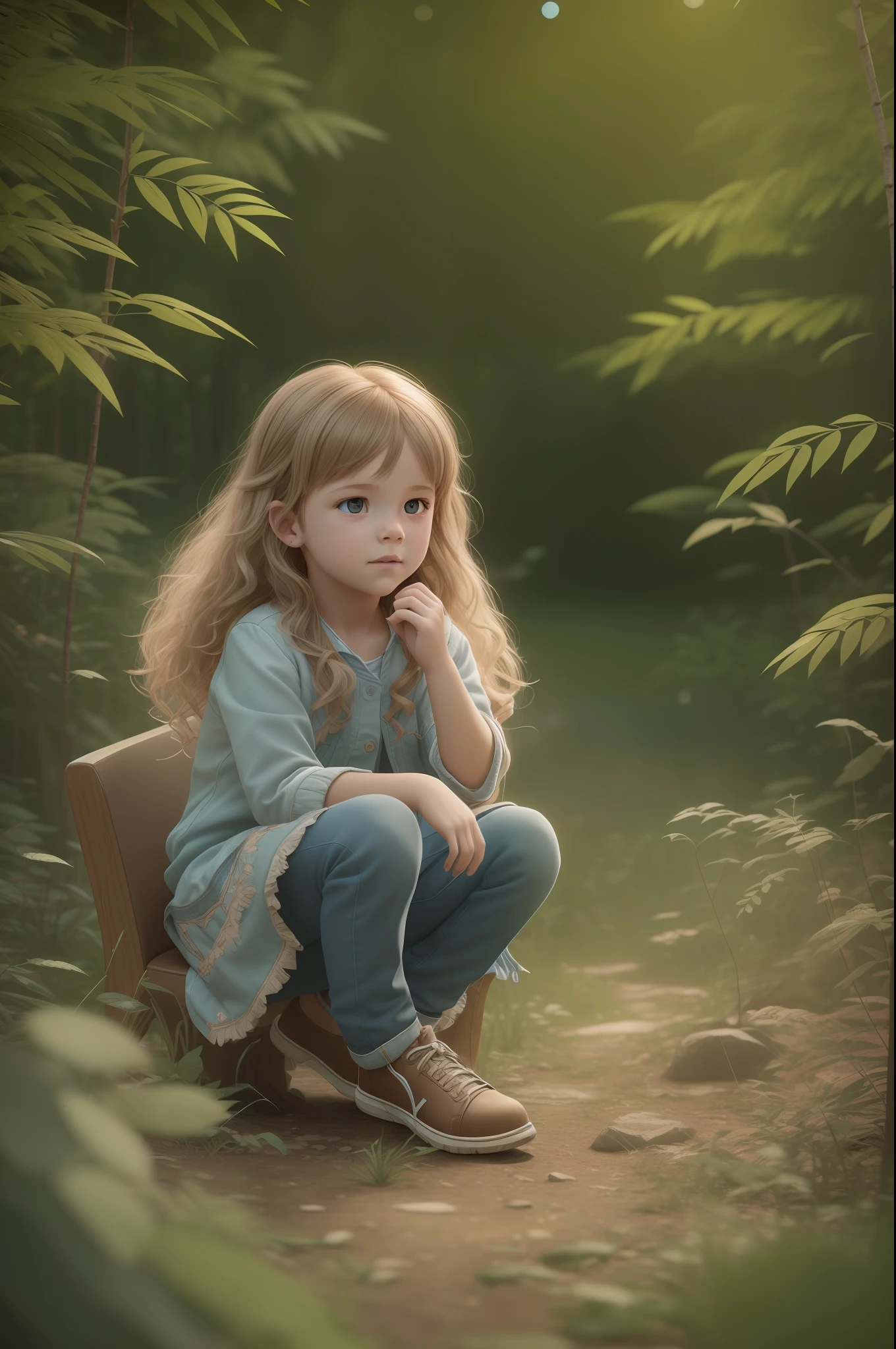 a photorealistic, 8k, HD cinematography in Unreal Engine. The scene features a cheerful and realistic six-year-old child. The child is chubby, with fair skin and long, straight blonde hair that has curls at the ends. They are seated in a wooded forest filled with flowers, facing away from the camera and looking up at the sky, engaged in a conversation with God. The composition is epic, utilizing ultra-wide-angle shots and depth of field effects to highlight the hyper-detailed and intricate details of the surroundings. The lighting setup includes a mix of natural lighting and moody lighting, creating beautifully color-coded visuals that accentuate the ambiance of the environment. The use of global illumination, ray tracing global illumination, and screen space reflections adds a touch of realism and depth to the scene. Optical fiber and scattering effects enhance the glowing and shimmering elements in the forest. Additional visual enhancements such as chromatic aberration, ray tracing reflections, and cinematic lighting techniques bring an elegant and hyper-realistic touch to the photograph. The child's dynamic pose and contemplative expression are captured with precision, showcasing the child's connection with the divine. The final result is a beautifully color-graded image, presented in 8k resolution with a 16:9 aspect ratio./ --auto --s2