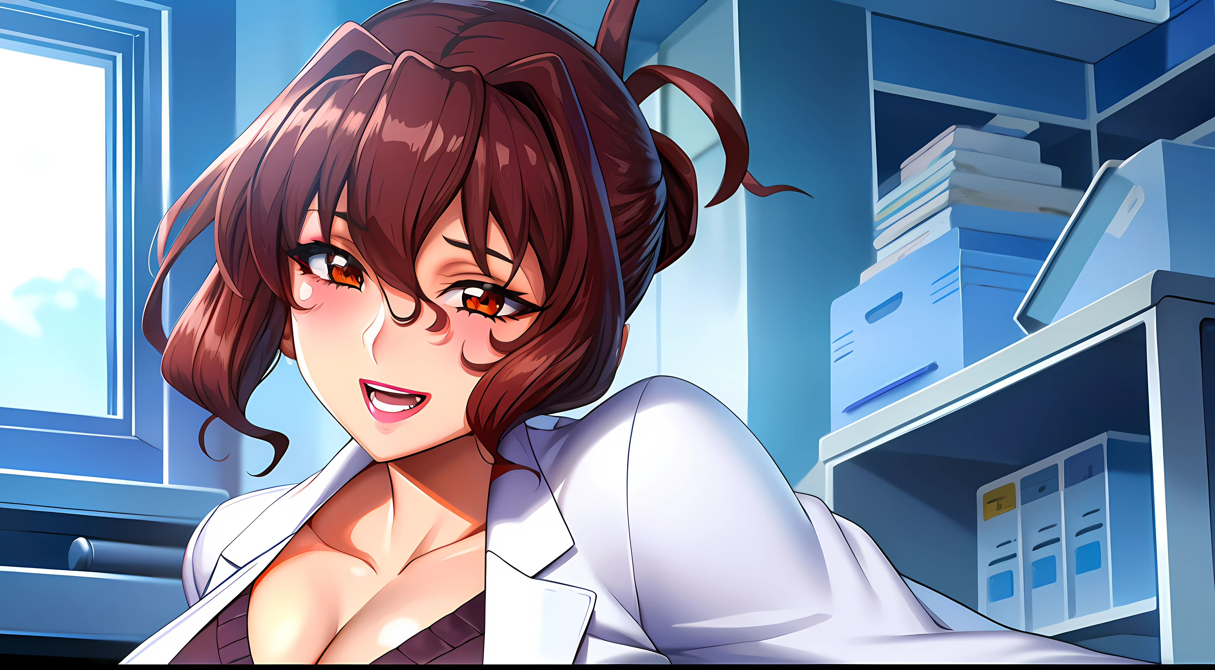 (beautiful hand:1.2), (masterpiece, best quality:1.3), Aiko Katsuragi, mature female, beautiful face, pretty face, (half body shot:1.05), 1girl, anime face, labcoat, makeup, big breasts, thick lipstick, brown eyes, folded ponytail, brown hair, cleavage, perfect body, (sexy body:1.3), perfect eyes, glowing eyes, perfect retina, blushed, eyeliner, eyeshadow, perfect face, perfect mouth, perfect teeth, (happy look:1.05), look at viewer, high sharpness, sharp focus, medical room, professional artwork, intricate details, vivid colors, Diffused lighting, digital blending, ultra detailed body, ultra detailed hair, ultra detailed face, trending on pixiv