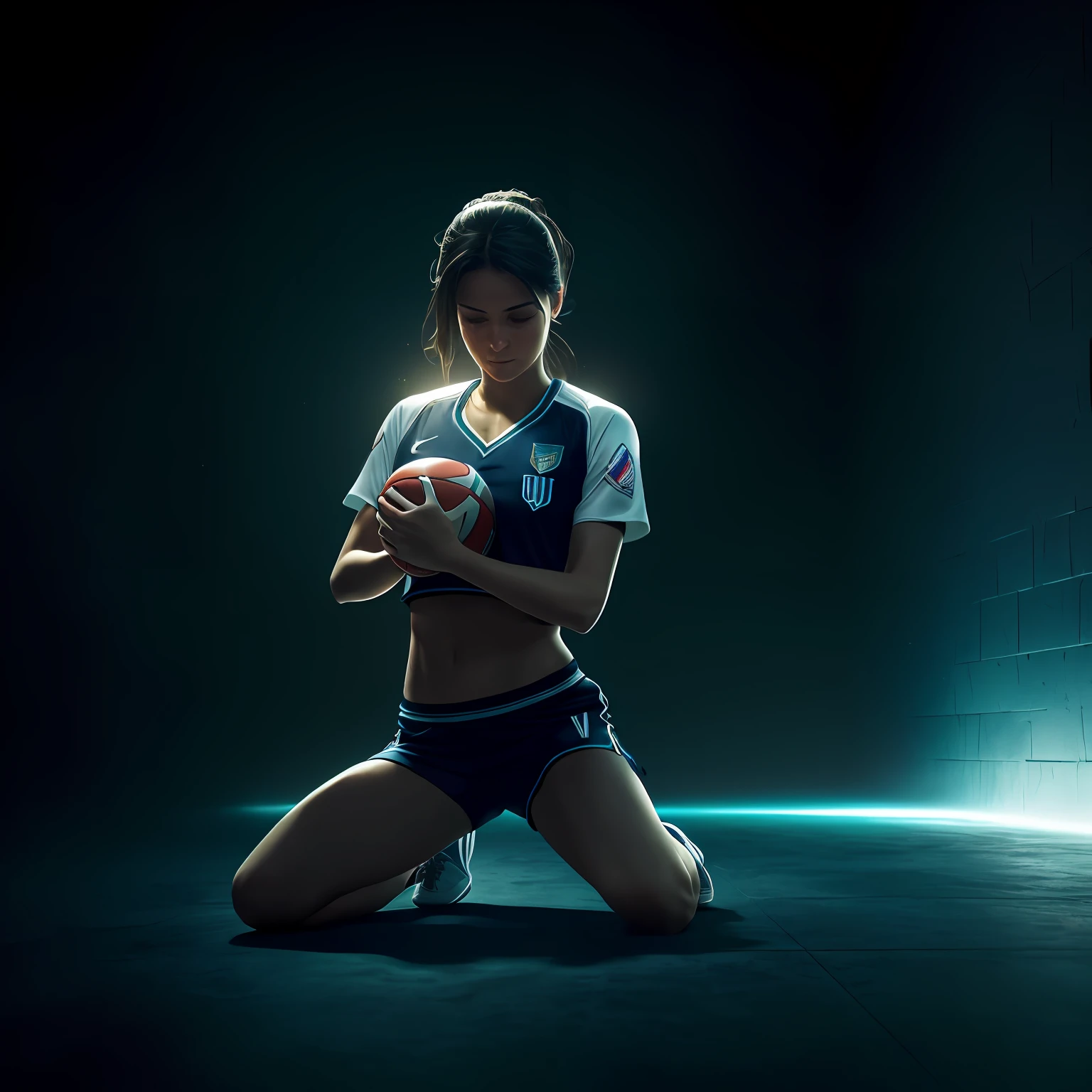 Basketball player with ball in hand ((melhor qualidade)), ((obra-prima)),(muito detalhado:1.3), ....3d, Sympathetic female, kneeling down on the floor, (( national team shirt), shorte justo na coxa, curto, ((cor negra)), corpo, cabelo cacheado, (roupa marcante), olhar sensual, HDR (high dynamic range), ray tracing, super resolution, Unreal 5, espalhamento superficial, Texturas PBR, Post-processing, profundidade de campo, Maximum Sharpness and Sharpness, surface shading, Precise simulation of light-material interactions, baixo, white-balance, rule of thirds, ampla abertura, 8K BRUTO, Subpixels eficientes, Subpixel convolution, glow particles, dinamic pose --auto