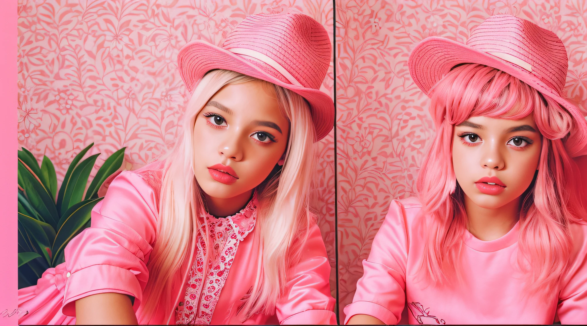 There are two girls KIDS BLONDIES, dressed in costumes and hats, photo booth, modelagem para dulce e gabanna, Retrato de uma gangue cor-de-rosa, cores rosa e vermelho, menina cor-de-rosa, Directed by: Alexis Grimou, estilo de cor rosa e vermelho, Poder Rosa, meninas jovens, Pelo cor-de-rosa, roupas cor-de-rosa, tigres cor-de-rosa, garotada, by Amelia Peláez, No estilo de Petra Collins