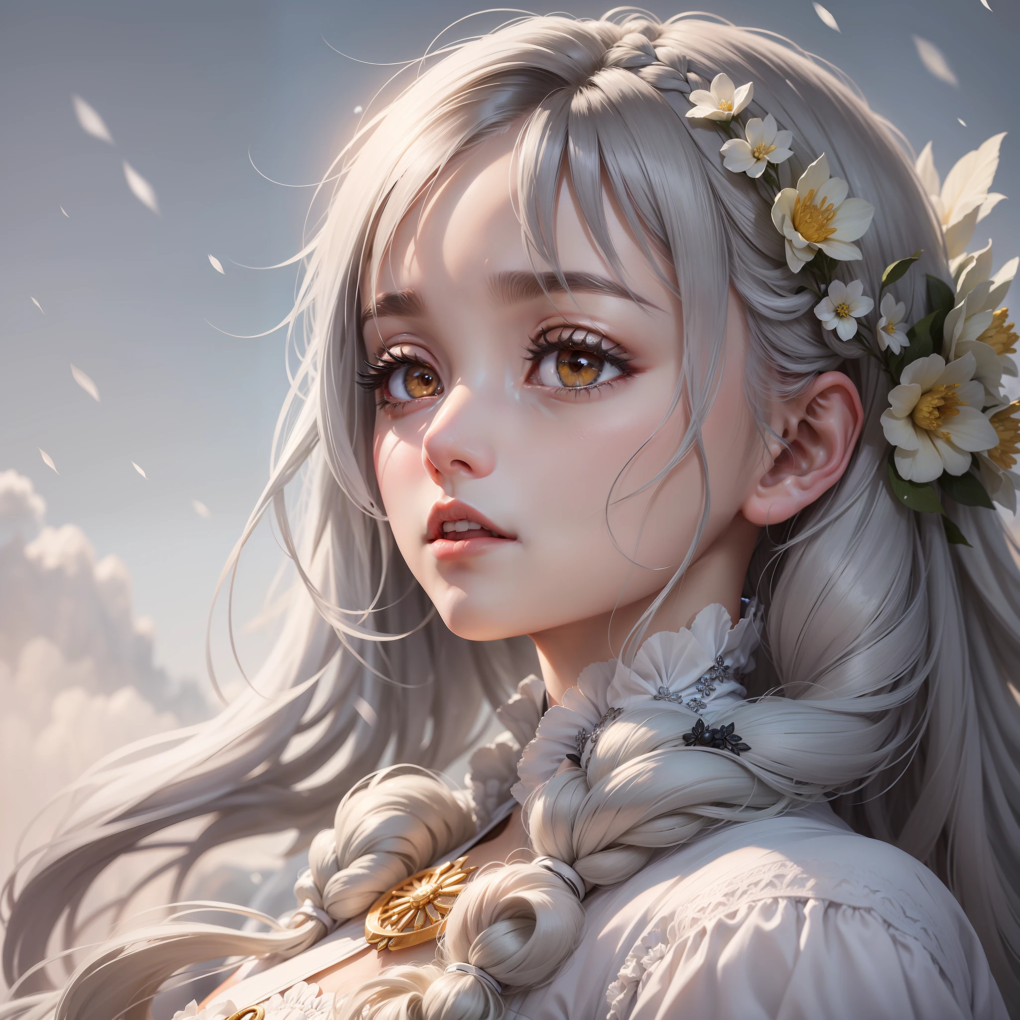 A masterpiece of extreme delicacy,gray-haired girl,Golden eyes,Wear crisp white clothes,Look up at the sky,Showcases elegant upper body curves,Hair drapes gently,Snow-white skin glows,A strand of a side braid flutters from the side of the ear。