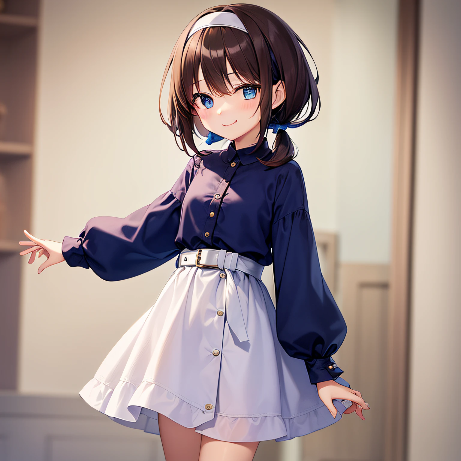 top-quality、extremely delicate and beautiful、Teen Girls、small tits、((((Solo Girl))))、11years old girl、(dark brown hair)、Blue clothes with vertical buttons、Belt at waist、White skirt、(((poneyTail)))、(white hairband)、(Brown boots)、blue eyess、is standing、A smile、