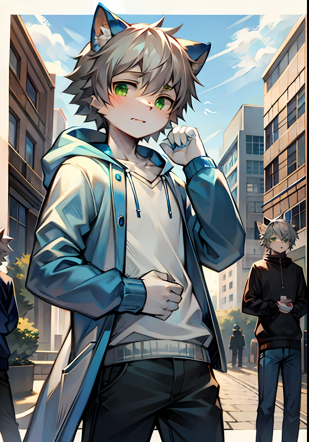 Blue and white coat color，catss，adolable，shorter pants，high qulity，Green eyes，Gray hair，Casual sweatshirt，underage，male people，Delicate hands