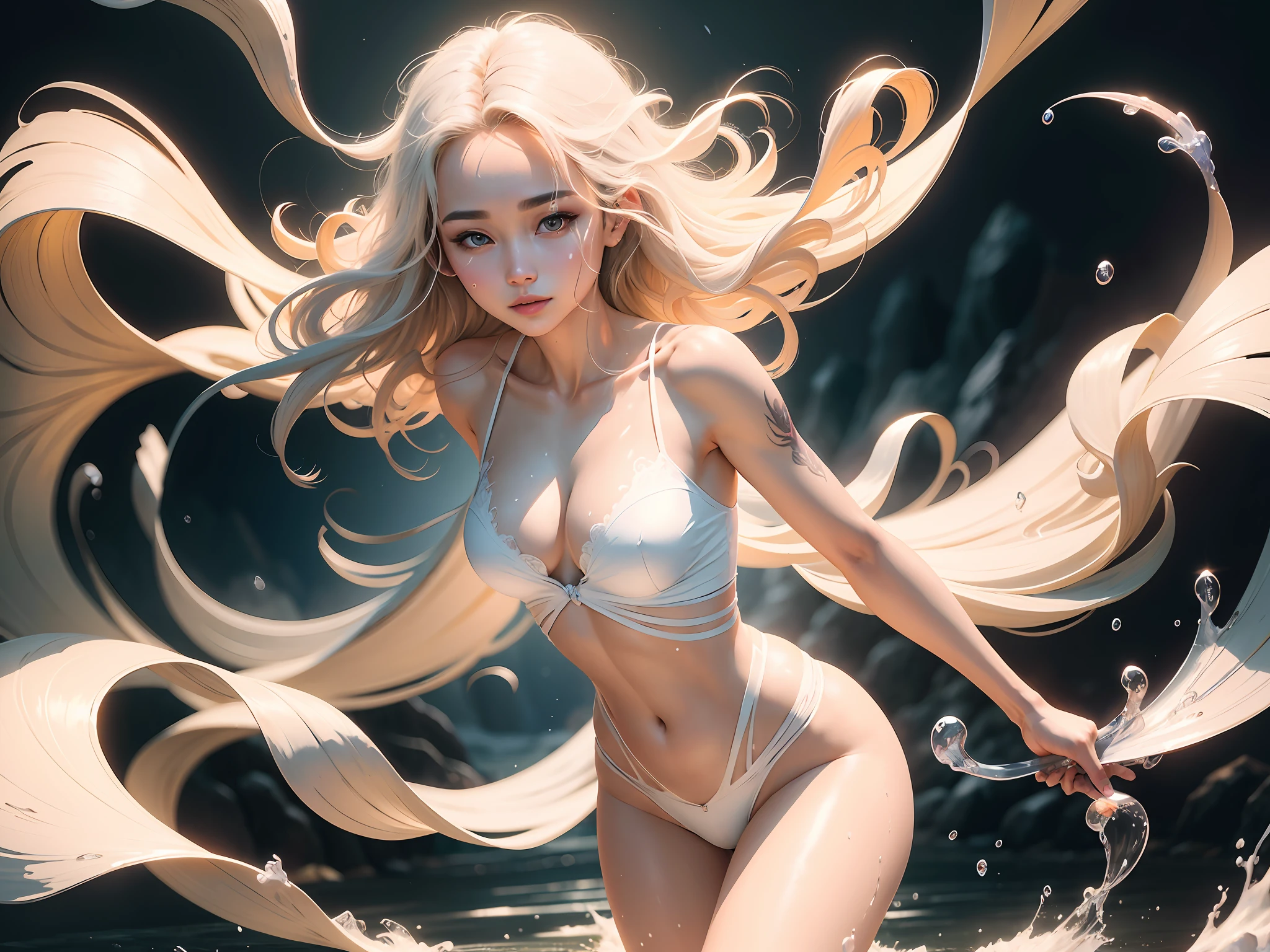 Realistic full-body portrait model Dilraba Dilmurat 20 years old. perfect standard fiery body, perfect body composition 8k realistic, milky beige hair blowing in the wind, wet body. Scenery in crystal waterfall. Perfect realistic beautiful black eyes, charming smile, make up the world's most beautiful perfect face, hand painted in meticulous detail with the highest image quality 3d 8k. beautiful white skin, art tattoo, 2cm liquid acrylic, warm dreamy light, volumetric light, adventure style pulp, dynamic gradients, true colors, illustrations, highly detailed vector curves, simple, smooth and clean, vector art, smooth, character design, cinema, surrealism, posters, masterpiece collection, sunset, wet gouache. High image quality, meticulous detail, perfect work realistic real people. Perfectly realistic beautiful five-fingered hand. The highest quality virtual image 3d 8k.