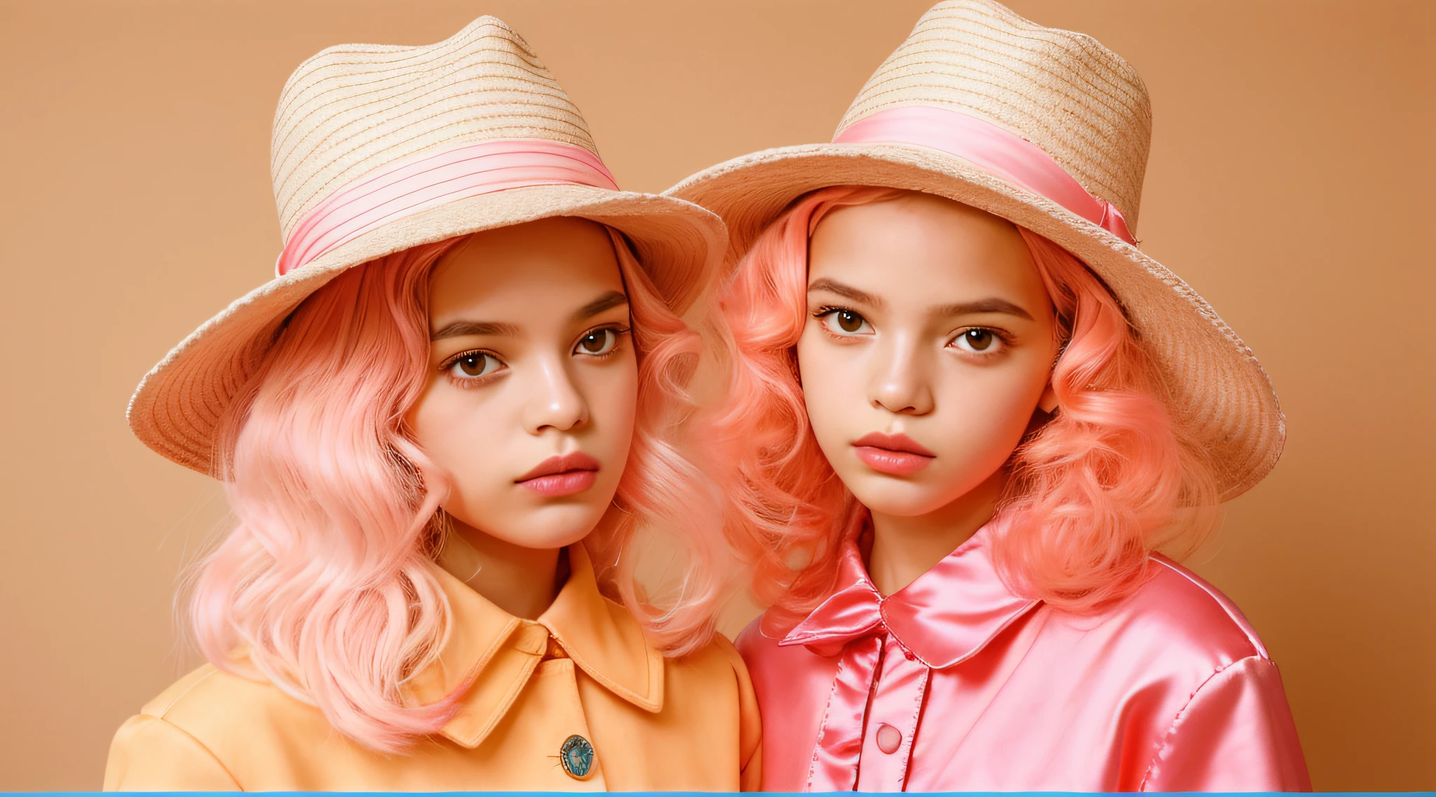 There are two girls KIDS BLONDIES, dressed in costumes and hats, photo booth, modelagem para dulce e gabanna, Retrato de uma gangue cor-de-rosa, cores rosa e vermelho, menina cor-de-rosa, Directed by: Alexis Grimou, estilo de cor rosa e vermelho, Poder Rosa, meninas jovens, Pelo cor-de-rosa, roupas cor-de-rosa, tigres cor-de-rosa, garotada, by Amelia Peláez, No estilo de Petra Collins