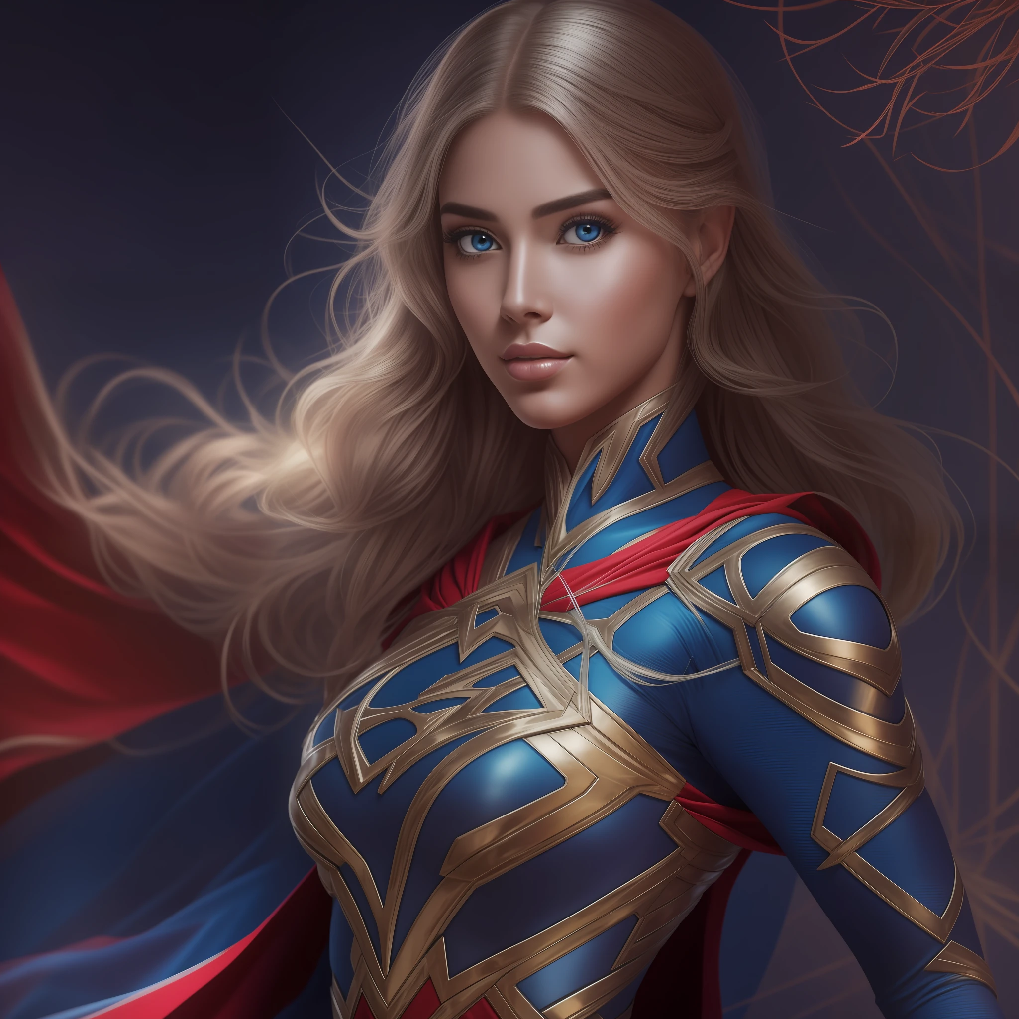 Supergirl princesa com corpo lindo, Mulher persa-russa, Tiara dourada, louro, corpo inteiro, cabelos longos e mechas brilhantes, Pose Real, elegante capa vermelha, Ambiente inspirado em cristais cintilantes, Armadura kryptoniana em tons de azul e vermelho, melhor qualidade, obra-prima, fotografia de corpo inteiro, extremamente delicado e bonito, extremamente detalhado, CG, unidade, papel de parede 8k, Awesome, detalhes finos, obra-prima, melhor qualidade, arte oficial, papel de parede 8k extremamente detalhado da unidade CG, enormes tamanho do arquivo, ultra-detalhado, alta resolução, extremamente detalhado, menina bonita e detalhada, olhos e rosto extremamente detalhados, olhos lindos e detalhados, luz no rosto, (Hanfu: 1.1), 1 garota, corpo inteiro, foto de corpo inteiro,ru_qun