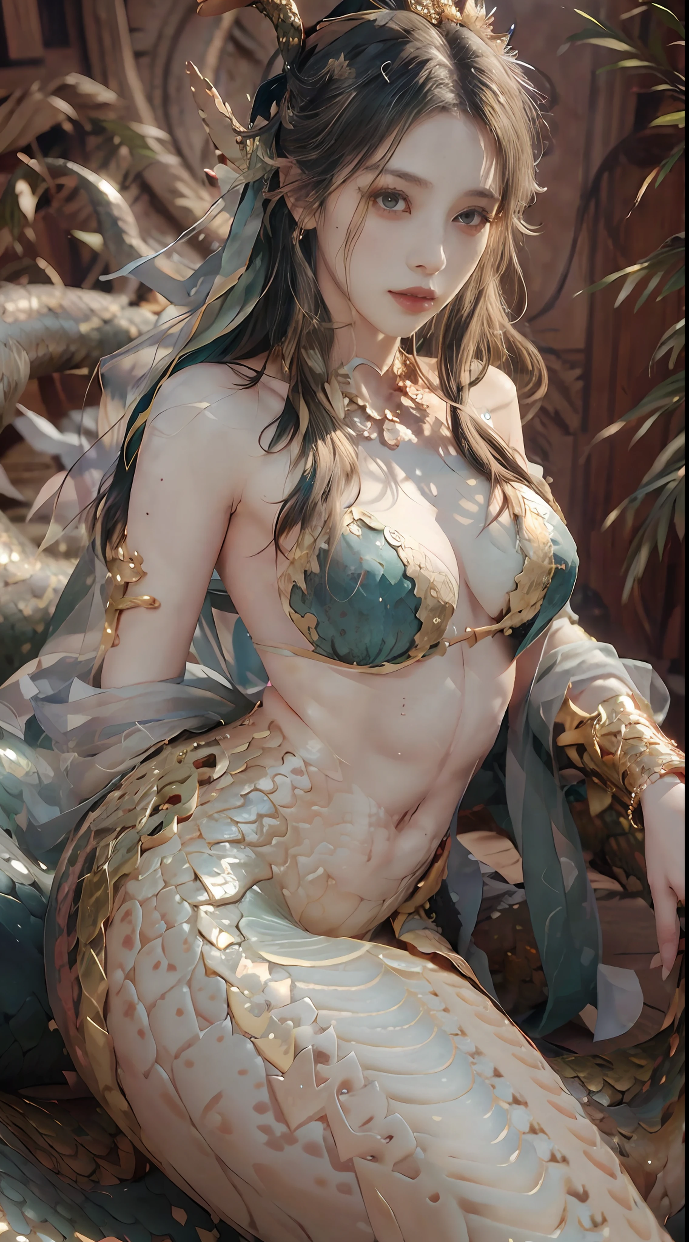 Dunhuang style,Lots of tulle streamers,A beautiful woman covered in golden scales,(mermaid:1.2), (Snake tail:1.3),8K UHD,RAW photo,(Python pattern),(Crystal clear scales)golden colored,(Real Human:1.3),(A high resolution:1.4),(A detailed:1.5),(photorealestic:1.7),RAW photo,Portrait Photogram,cabellos largos dorados,Skin is delicate and smooth,Full breasts,Bare body,Silk tulle coat,(Lamia),RAW photo,超A high resolution,Foto realism,best qualtiy,(highdetailskin,skin detailed),Visible Pore,Shiny skin,tmasterpiece,finedetail,Colorization,Extremely Delicately Beautiful,Extremely detailed 8k wallpaper,8K high quality,Digital SLR,The beauty of Dunhuang and beautiful details,(looking at viewert),professional photograph lighting,Faraway view,full bodyesbian