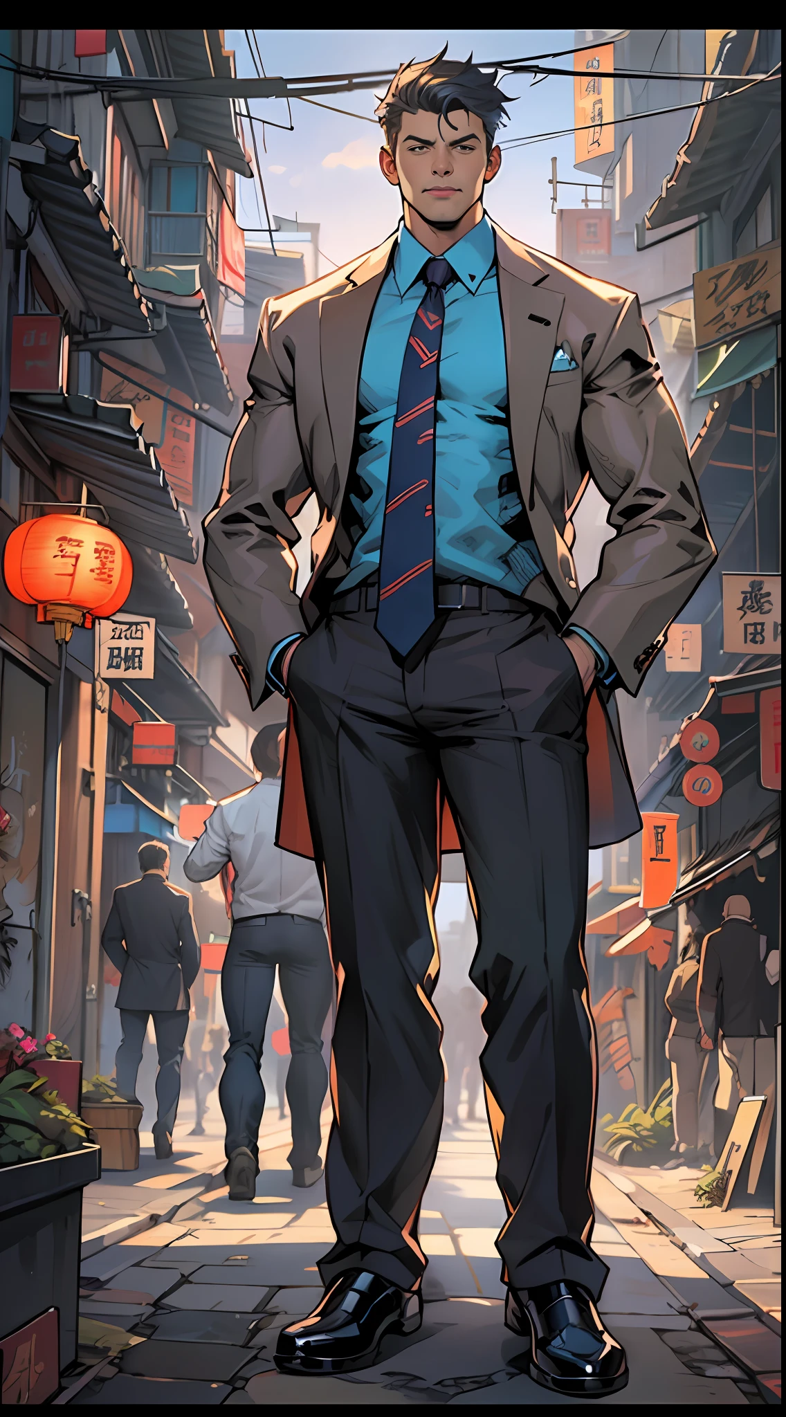 a man character in a suit and tie standing in a city street , in the style of traditional chinese, epic portraiture, marvel comics, 2d game art, animecore, oil portraitures, dark amber and sky-blue, 32k, best quality, masterpiece, super detail, high details