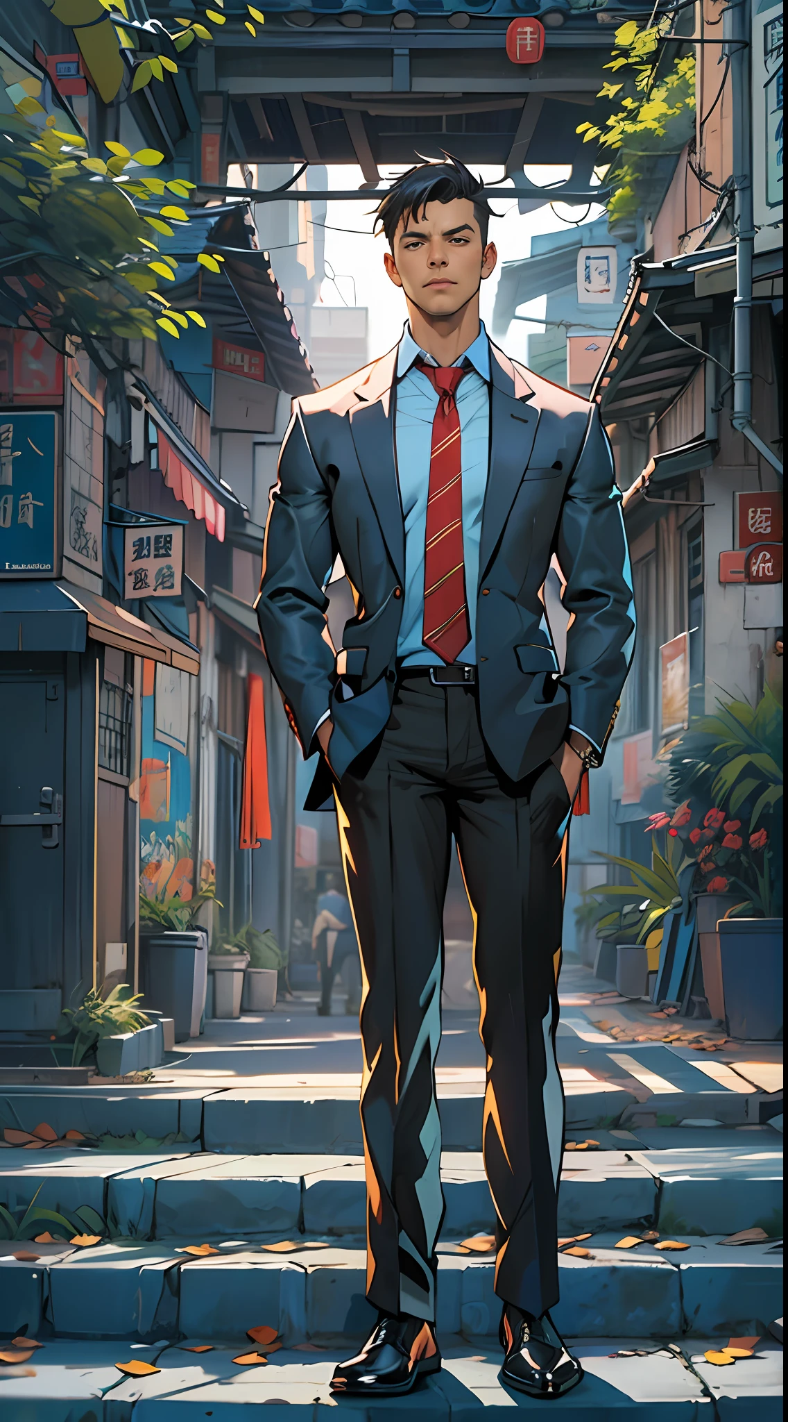 a man character in a suit and tie standing in a city street , in the style of traditional chinese, epic portraiture, marvel comics, 2d game art, animecore, oil portraitures, dark amber and sky-blue, 32k, best quality, masterpiece, super detail, high details