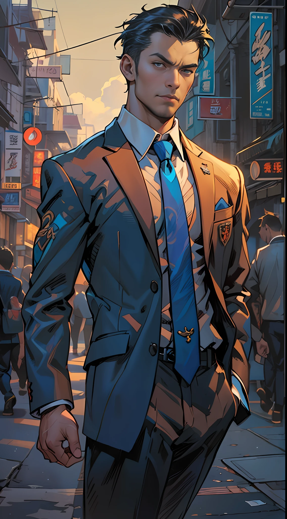 a man character in a suit and tie standing in a city street , in the style of traditional chinese, epic portraiture, marvel comics, 2d game art, animecore, oil portraitures, dark amber and sky-blue, 32k, best quality, masterpiece, super detail, high details