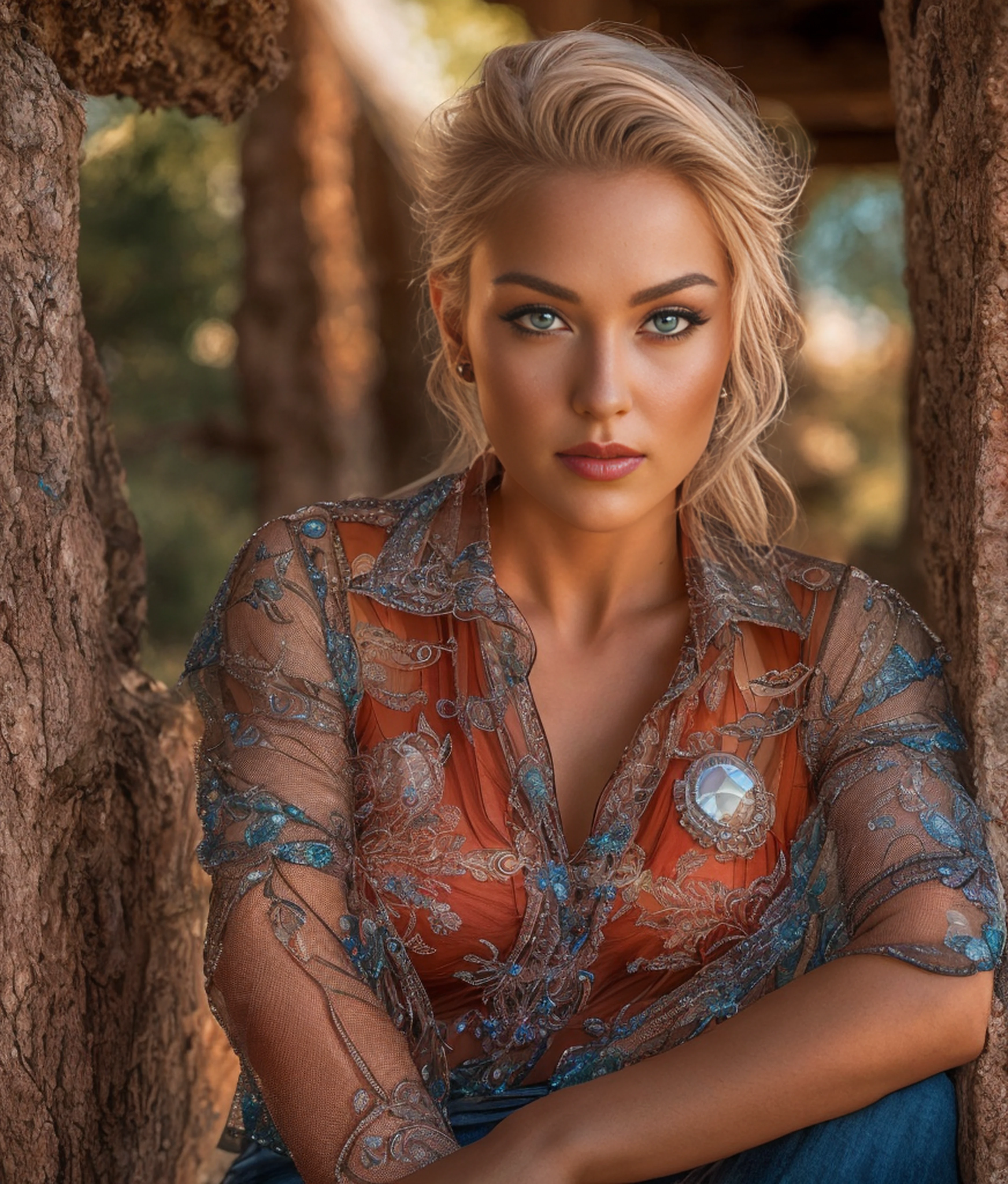 RAW, Nikon z 85mm,Award Winning Glamour Photograph extremely detailed award winning glamour photograph, front lit, HDR. Beautiful Ukrainian woman working in coyote gulch, pin up style uniform, ((translucent sheer top)), blond hair, blue eyes, ((high detailed skin, skin details)), perky, sharp focus, 8k uhd, dslr, high quality, film grain, rim light, koda chrome