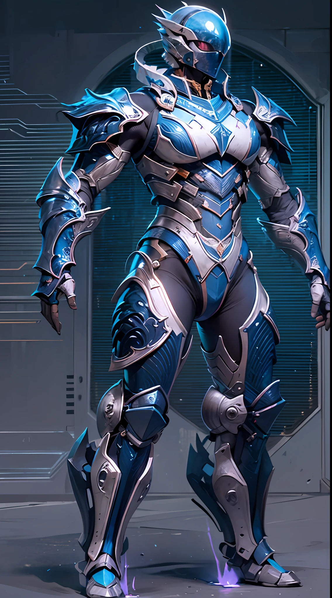 Full body lens, dark blue navy air combat armor, futuristic, all metal frenzy, armor shell appearance with rounded seams, streamlined curves and excessive, dense and tightly connected belly armor showing beautiful curves and symmetrical angles, covering and connecting the biological rib like belly armor, the gap between the belly armor flashing veins, EVA on the back armor combines the armor shell with electronics, light color painting, dramatic, best quality, real, super detailed, 8K,