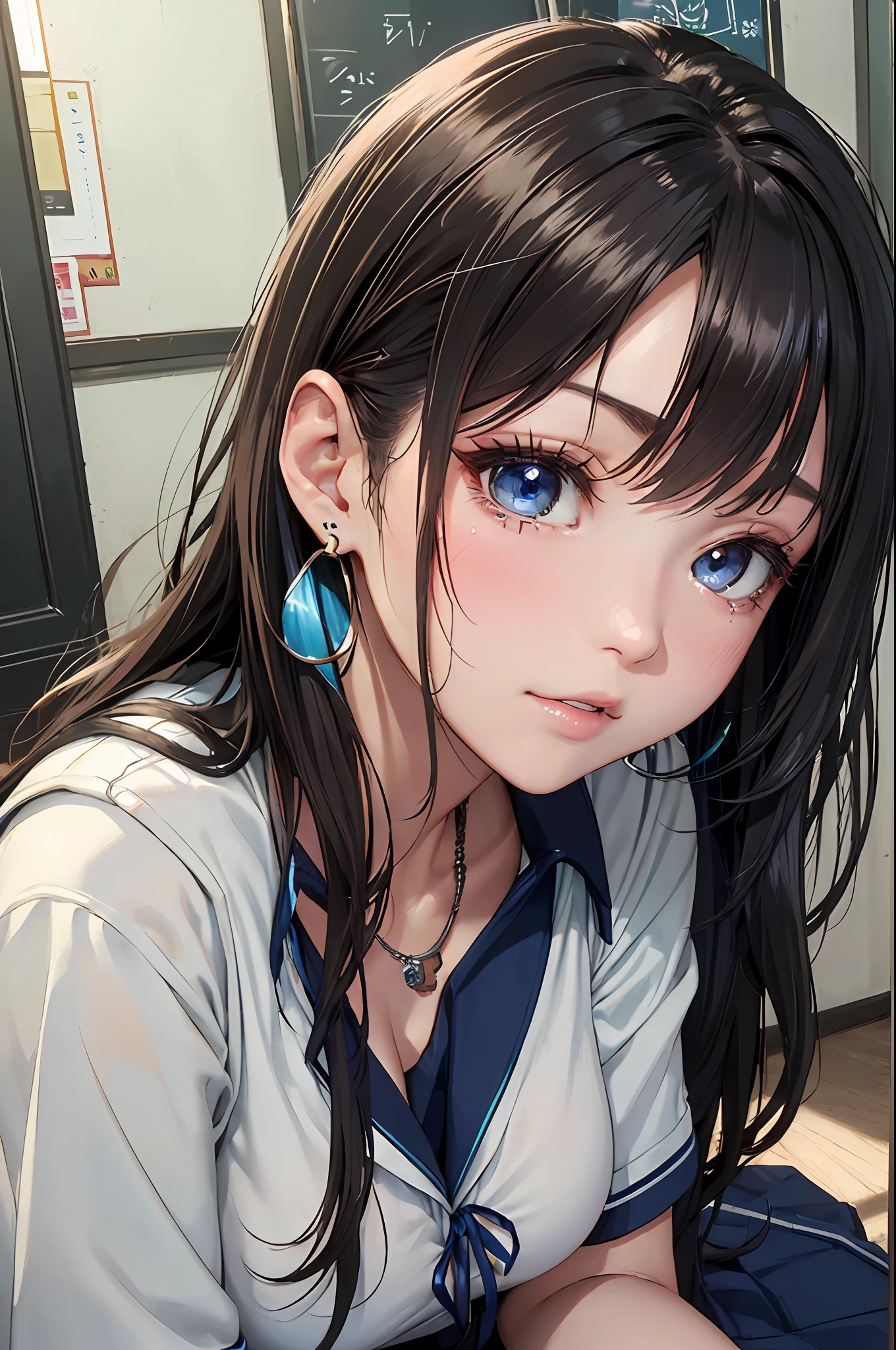 (masutepiece: 1.3), (max resolution: 1.2), (Ultra HDTV: 1.2), cinematric light, 8K resolution,
Detailed eyes and skin, detailed facial features, , (Sharp Focus: 1.2), (Focus on Face:1.2),Perfect Style, Beautiful face, 准确, Anatomically correct, Highly detailed face and skin texture, Detailed eyes, Double eyelids, Thin eyebrows, Glitter Eyeliner: 1 Natural cheeks, Glossy skin, Fair skin: 1.2, (Glossy lips: 1.4),、 (Shy look: 1.2),Highly detailed facial and skin texture, Detailed eyes, Double eyelids, Natural cheeks, , shiny lips: 1.4,Exposed cleavage、(A large amount of sperm in the chest:1.4)(Large amount of sperm in the thighs:1.2)、
red blush、humiliated、impatience、dismay、Frightened、glares、Tears、embarrassed from、Open knees、open one's legs、Masturbation behavior、masturbation、rubbing the genitals with fingers,,,,、
White underwear、White bra、Shiny little earrings and necklaces、、Disheveled clothes、Dressing、Exposed panties、Wearing sweat、sodden、Sheer underwear、
18 instars, Neat and clean woman 、Wavy Hair、 Semi-long hair, Normal, upturned breasts, Sitting on the floor, Classroom,Black brown hair,blue eyes、(High School Uniforms:1.5)