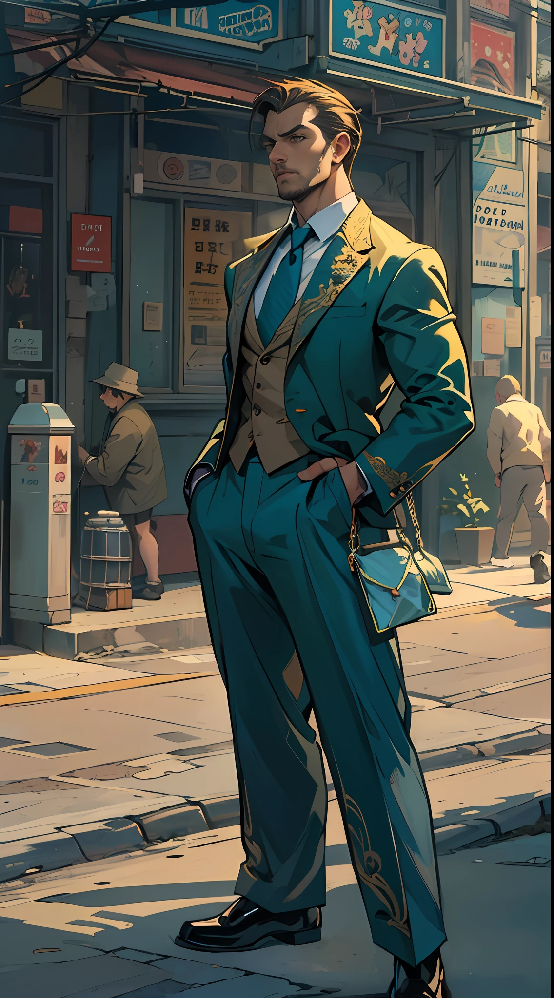 The male animated character is standing on the street corner in a blue suit, in the style of golden age illustrations, hard-edge painting, 32k uhd, adventure pulp, handsome, dark blue and light amber, strong lines, 32k, best quality, masterpiece, super detail, high details